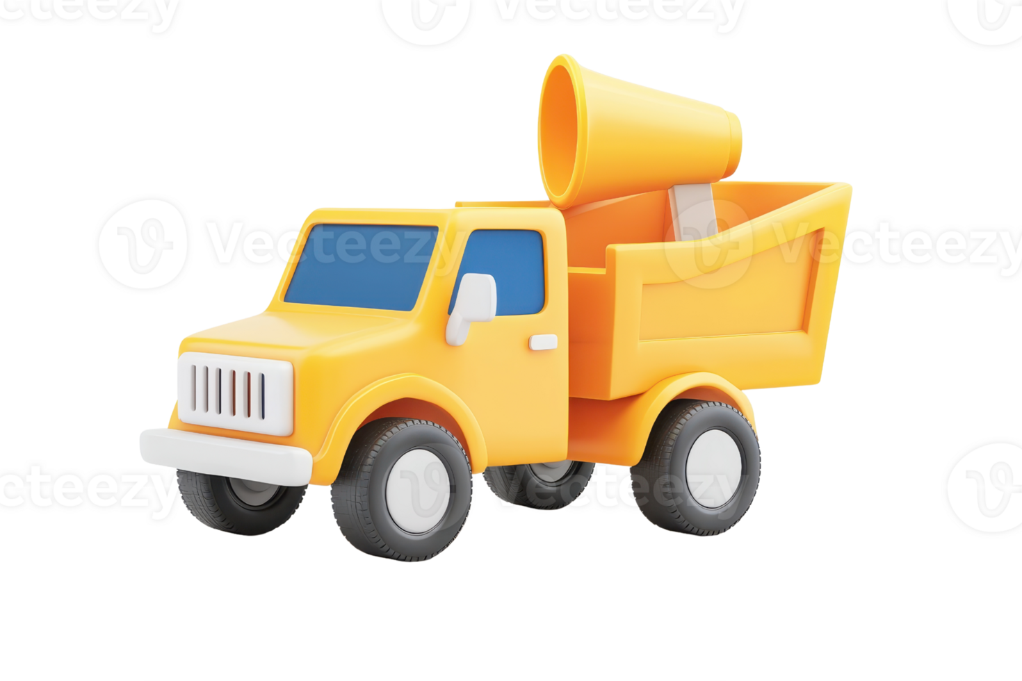 A bright yellow toy dump truck with a large loading bed and a prominent honking horn on top. png