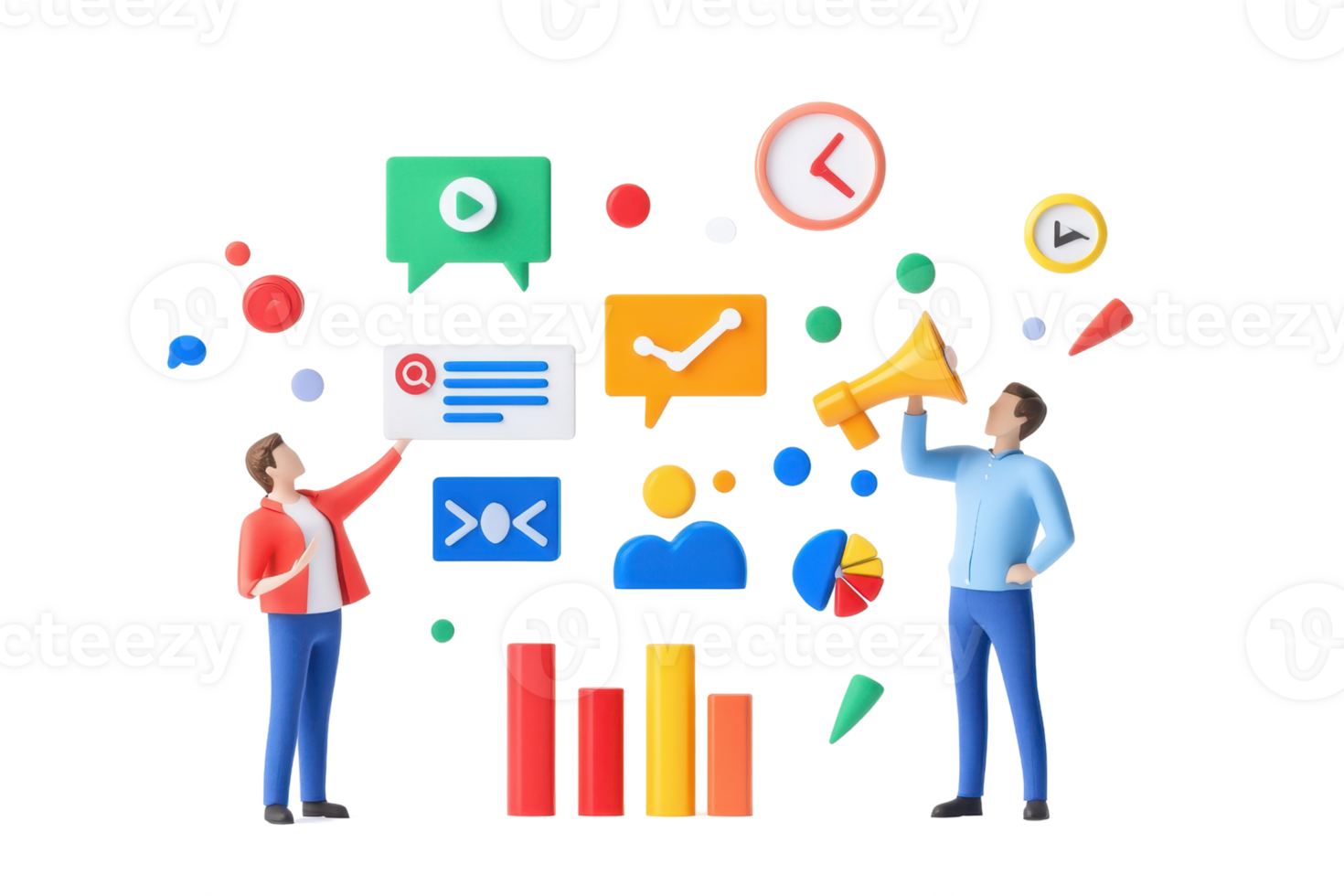 Two individuals engage with various digital icons and graphs, representing communication and data analysis. png