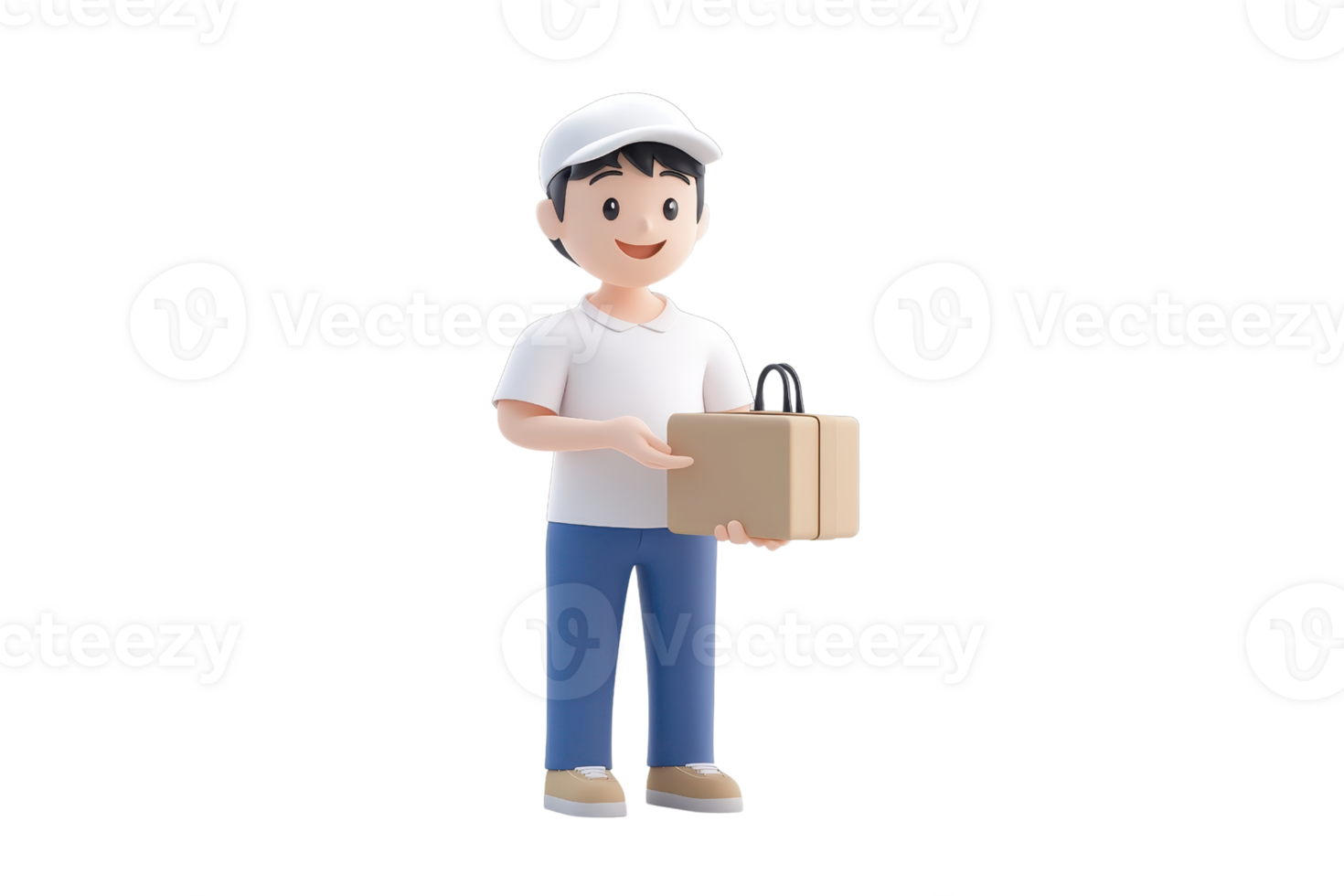 A cheerful delivery person holds a small package, wearing a cap and casual clothing. png
