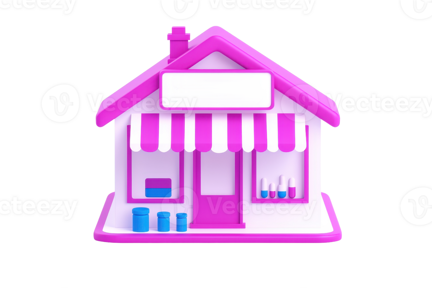 A colorful, cartoon-style shop featuring a pink roof, striped awning, and front windows displaying various items. png