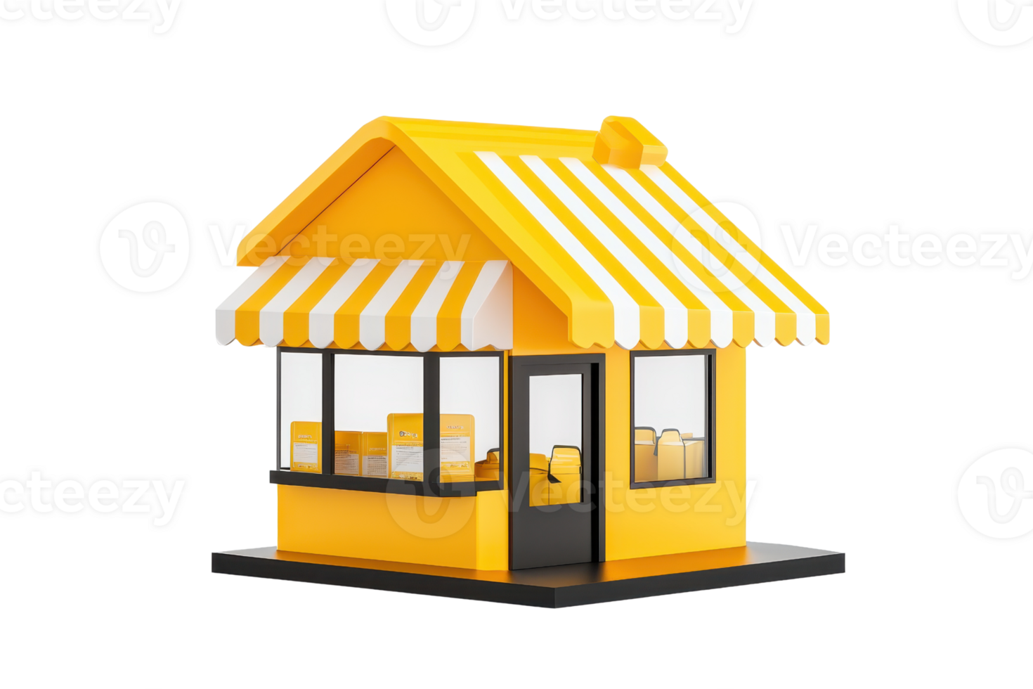 A vibrant yellow snack shop model featuring a striped awning and large windows. png