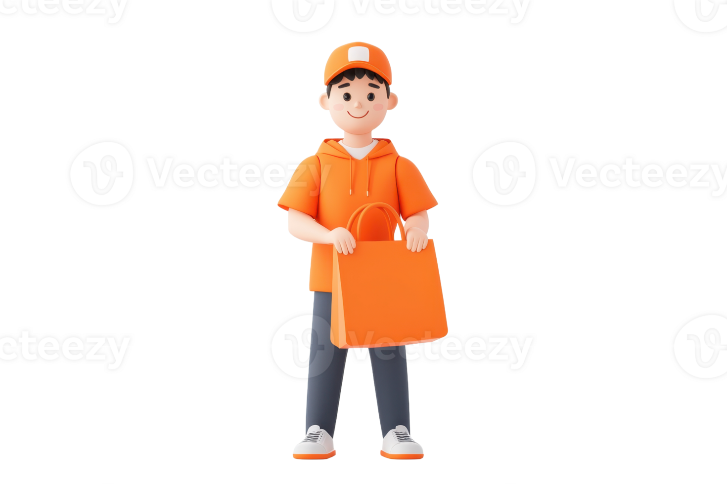 A cheerful person in an orange outfit holding a shopping bag, embodying a friendly and approachable shopping experience. png
