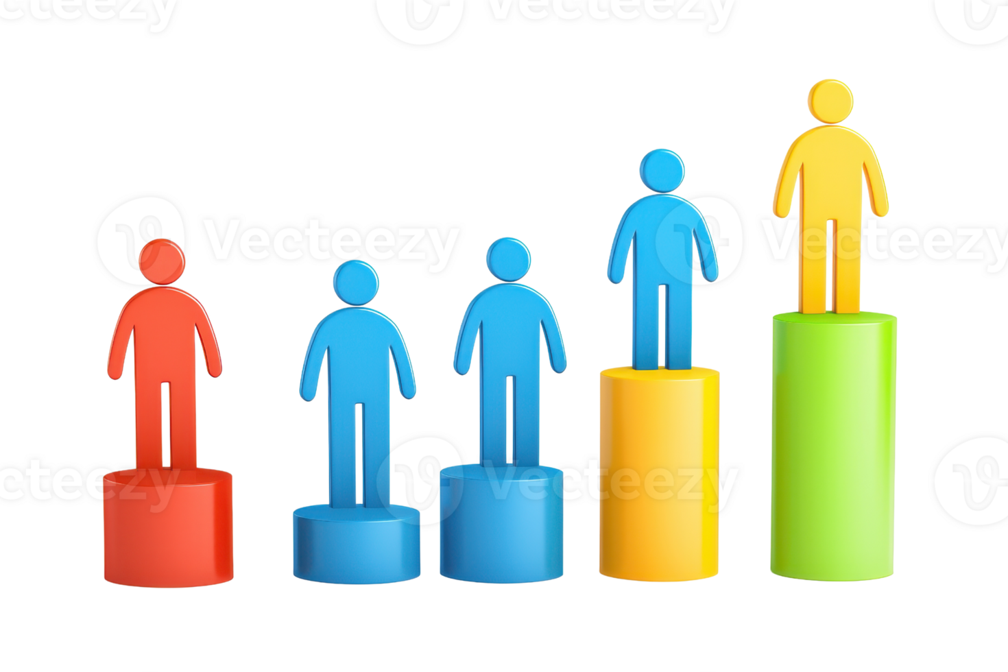 Colorful figures on elevated platforms, representing growth or progression in a visual format. png