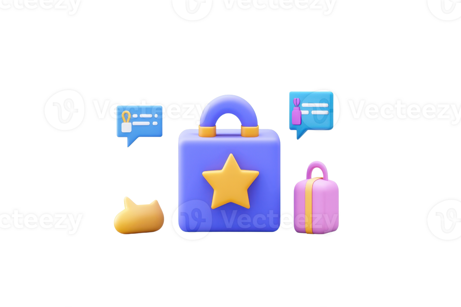 A colorful suitcase with a star emblem, accompanied by a smaller bag and chat bubbles, symbolizing travel and communication. png