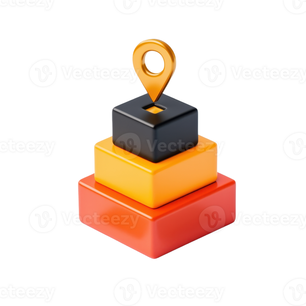 A stack of colorful geometric blocks with a map pin indicator on top, showcasing a modern design and vibrant colors. png