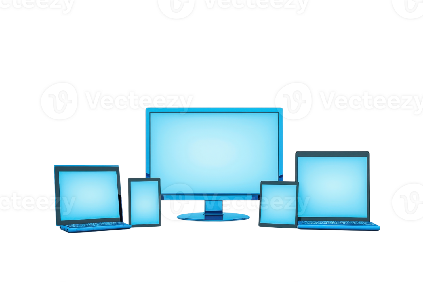 A collection of electronic devices, including a desktop monitor, laptops, and tablets, all glowing with a blue light. png