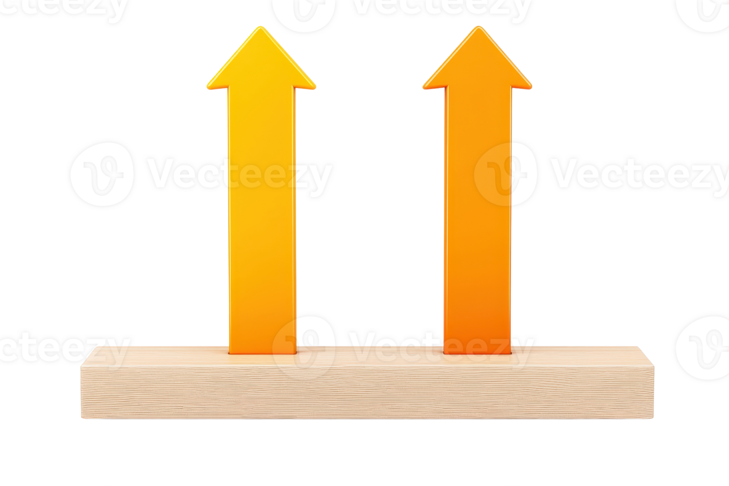 Two upward arrows in vibrant yellow and orange colors, positioned on a wooden base, symbolizing growth or direction. png