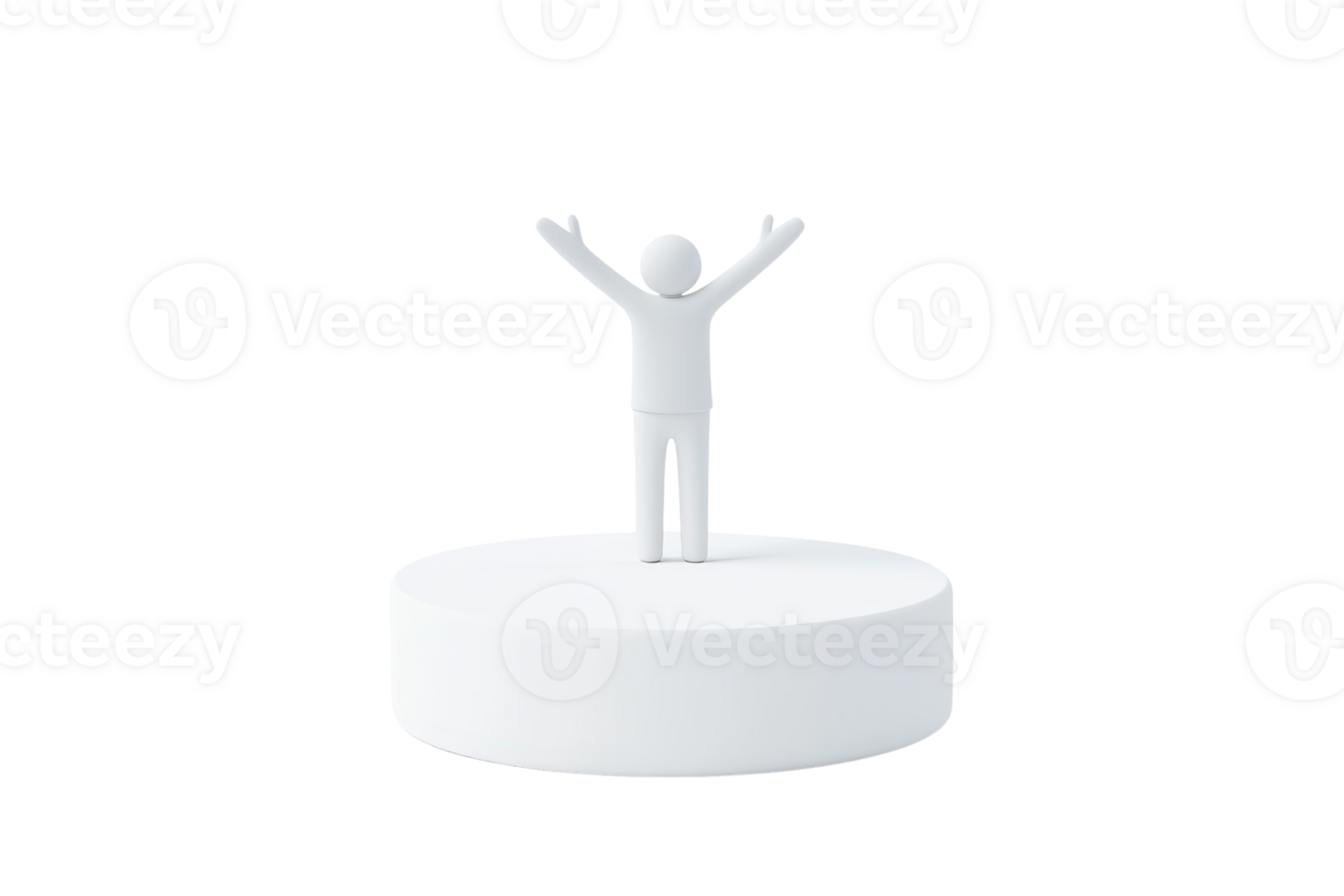 A small figurine stands with arms raised, celebrating or expressing joy on a circular platform. png