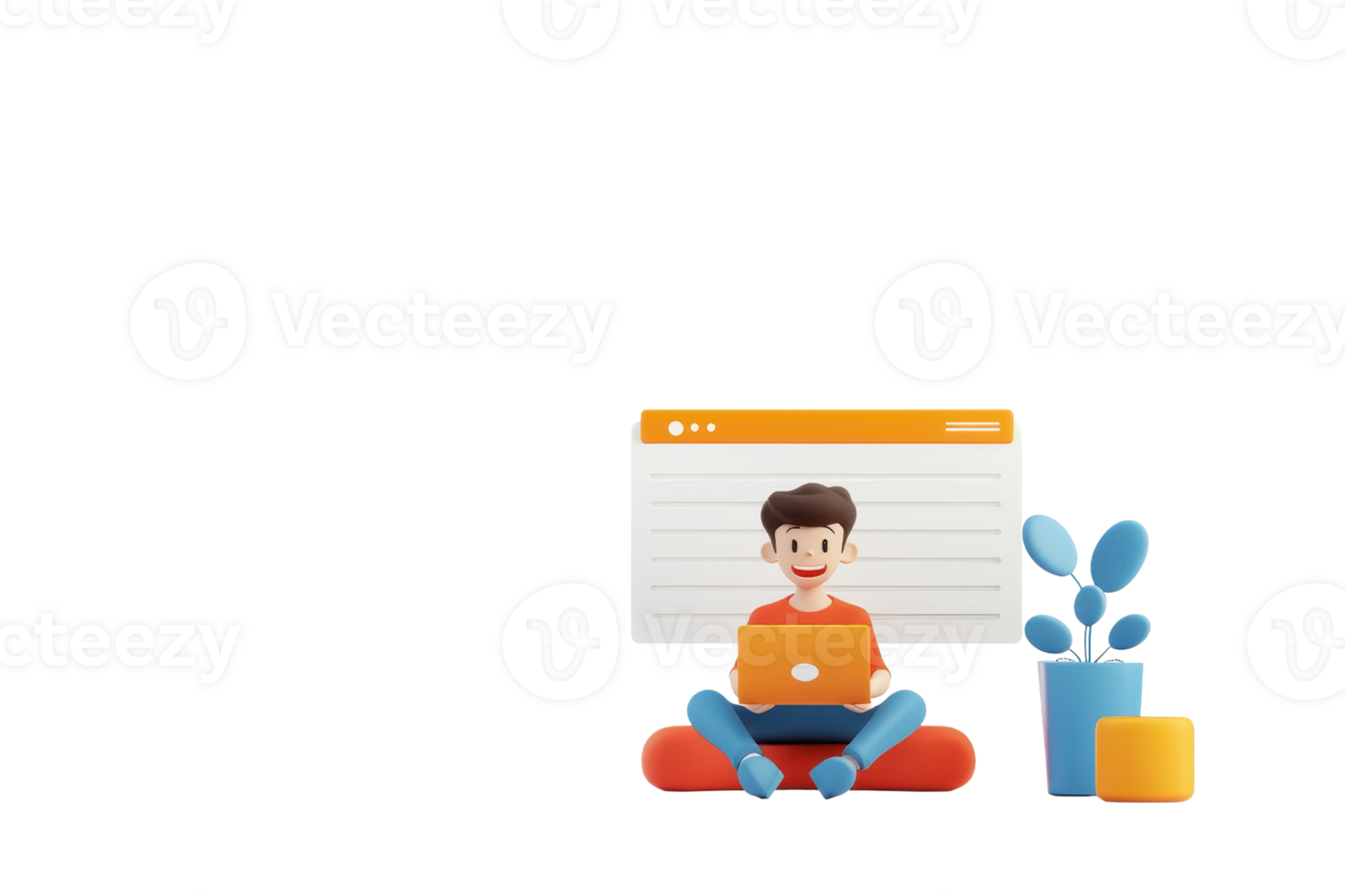 A character sitting cross-legged with a laptop, smiling, accompanied by a plant in a pot, and a card-like element above. png
