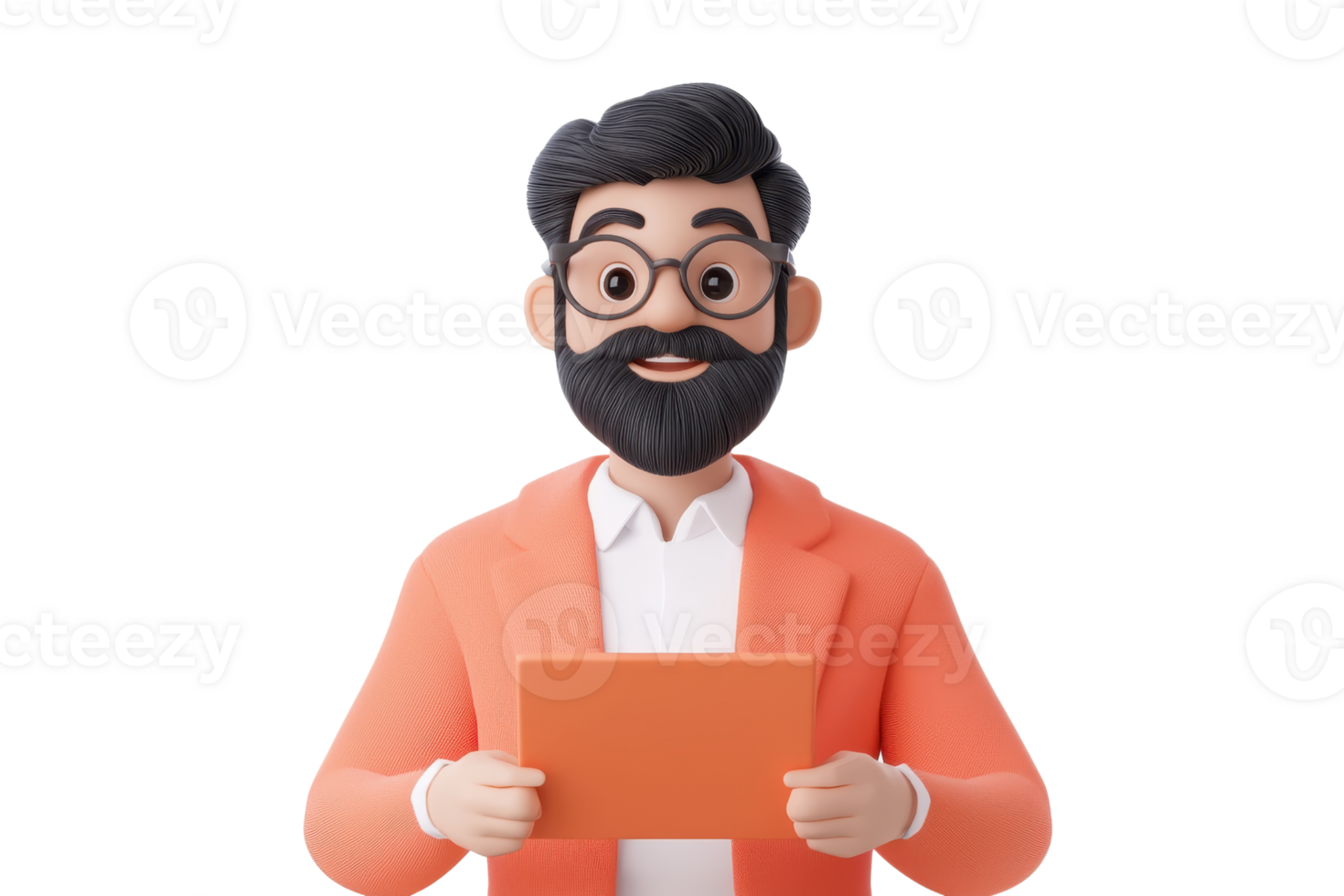 A stylized cartoon character with glasses and a beard, wearing an orange jacket, holding a square object. png
