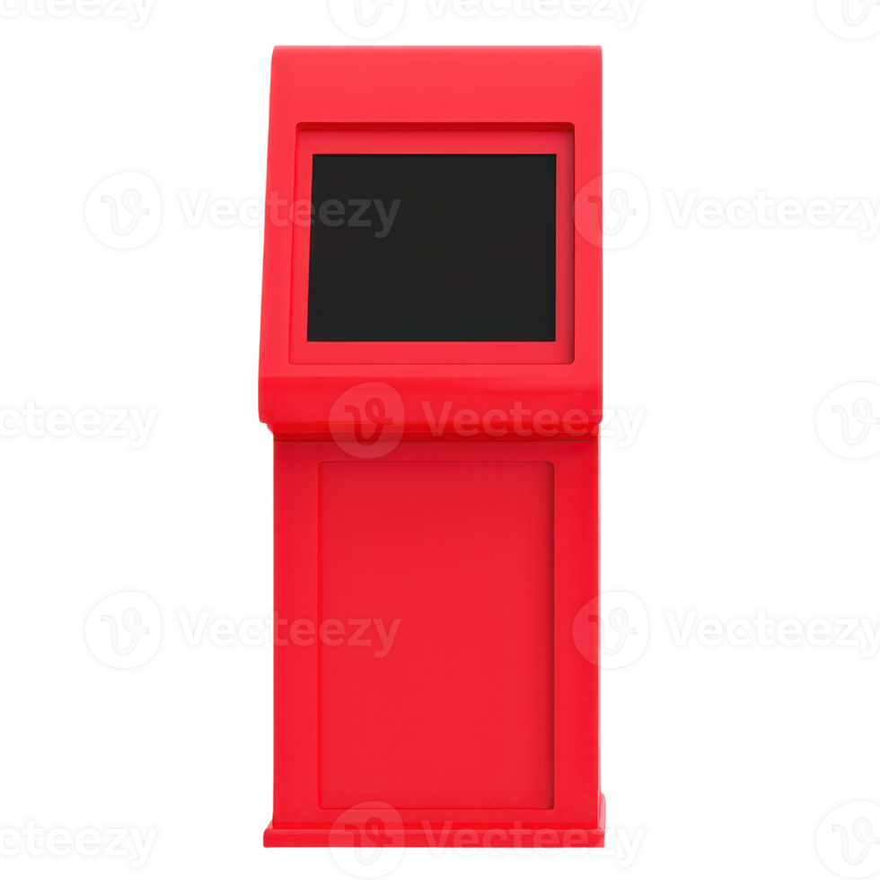 A bright red kiosk with a screen, designed for interactive use, showcasing a modern and sleek style. png