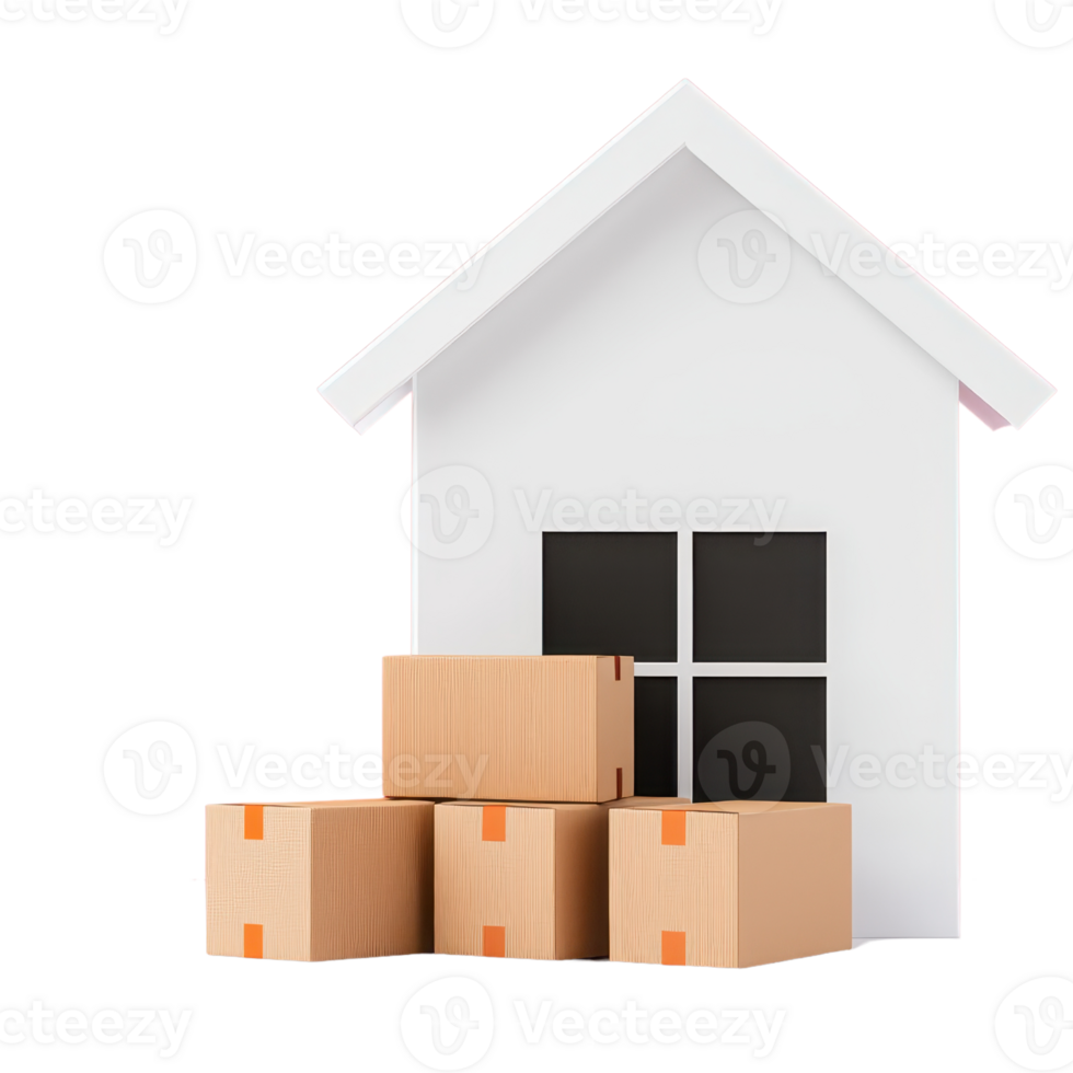 A simple white house structure with several stacked cardboard boxes in front of it. png