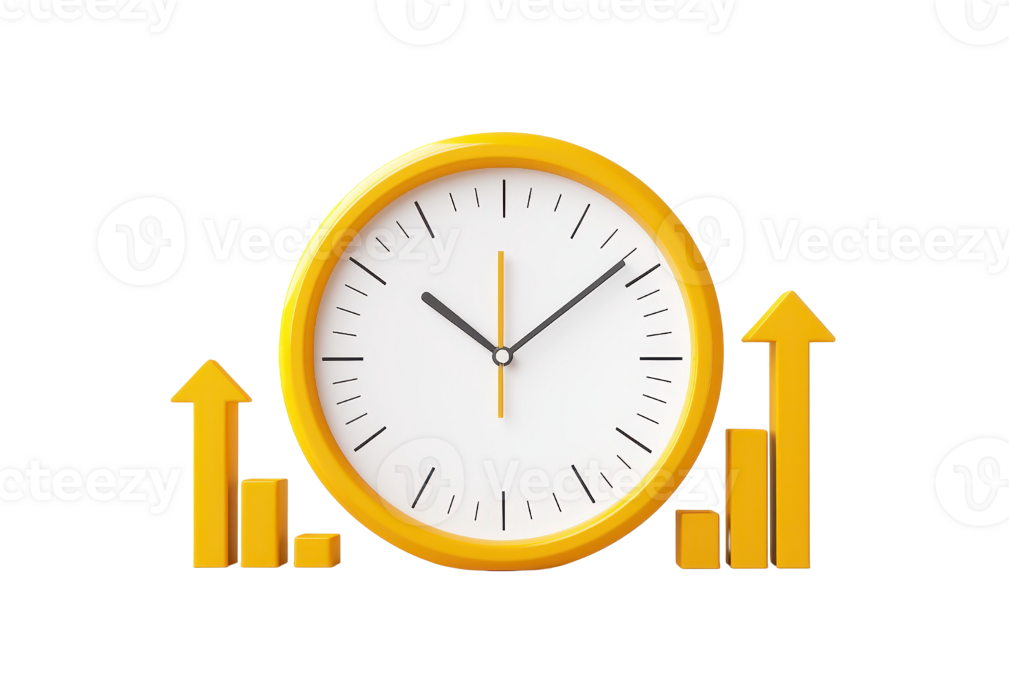 A modern clock with a yellow frame, featuring hour and minute hands, accompanied by upward trend arrows symbolizing growth and progress. png