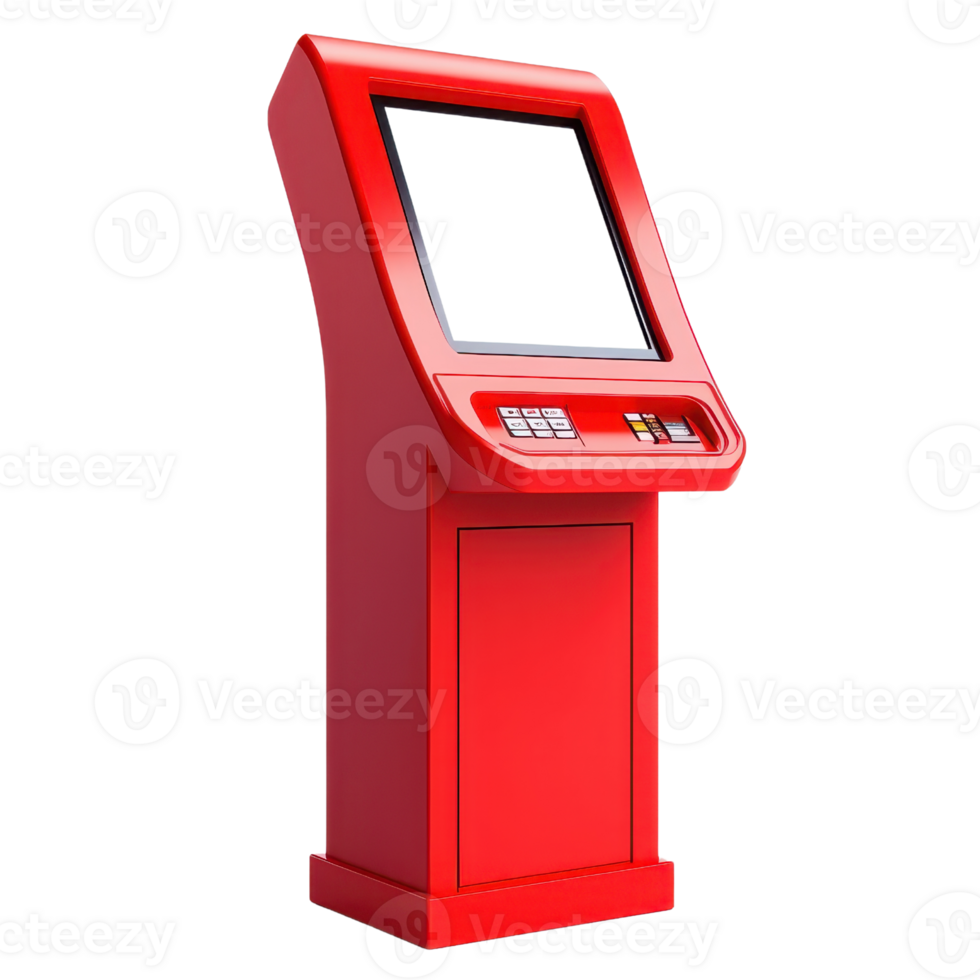 A bright red kiosk featuring a touchscreen interface and buttons, designed for interactive user engagement. png