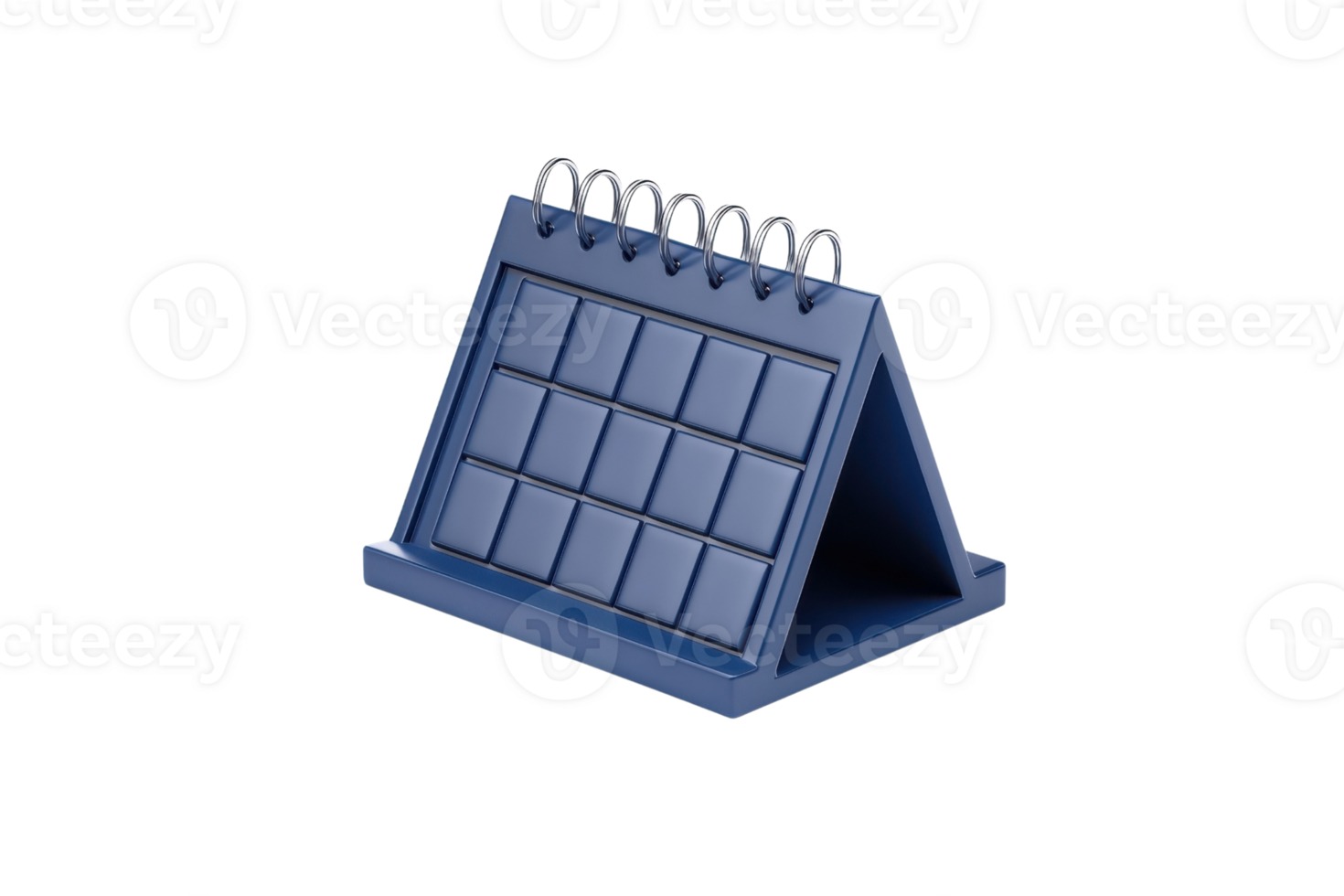 A blue desk calendar with a triangular stand and a grid layout for dates, featuring multiple metal rings at the top. png