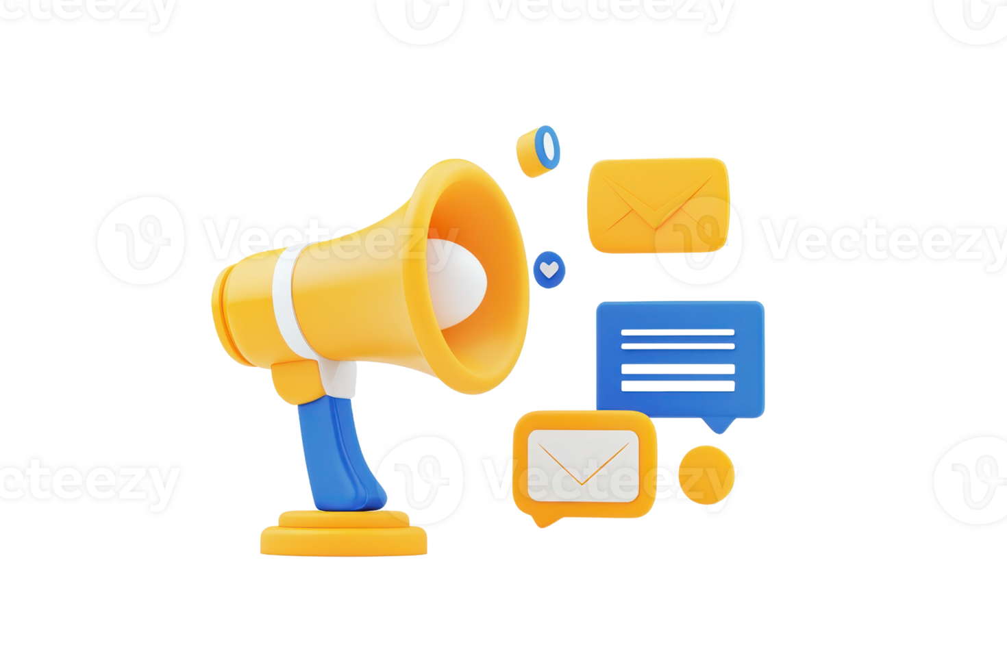 A bright yellow megaphone with a blue handle, accompanied by various message icons, symbolizes communication and announcements. png
