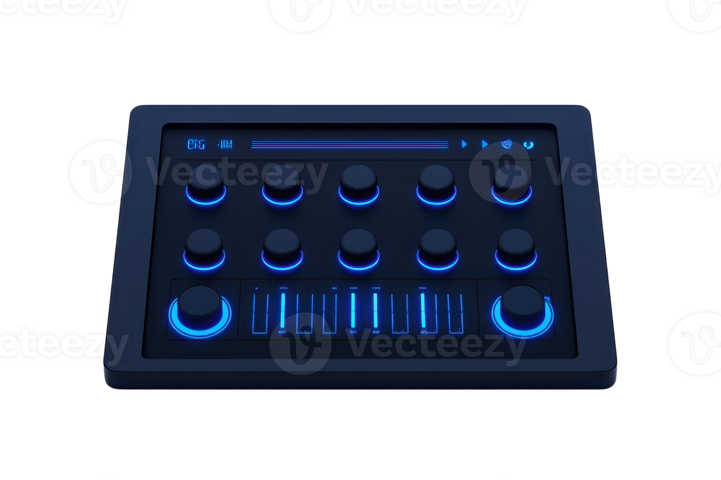 A sleek control interface featuring illuminated knobs and sliders, designed for audio mixing and sound manipulation. png