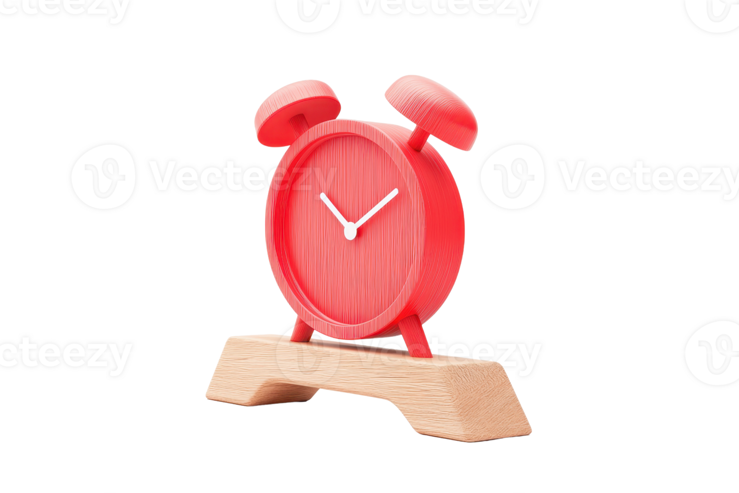 A vibrant red alarm clock with a wooden base, featuring two bells on top and a classic round face with white hour and minute hands. png