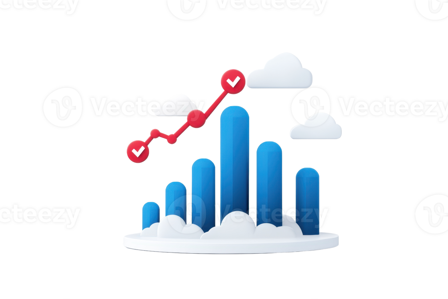 A stylized graph with blue bars increasing in height, accompanied by red trend lines and fluffy white clouds. png