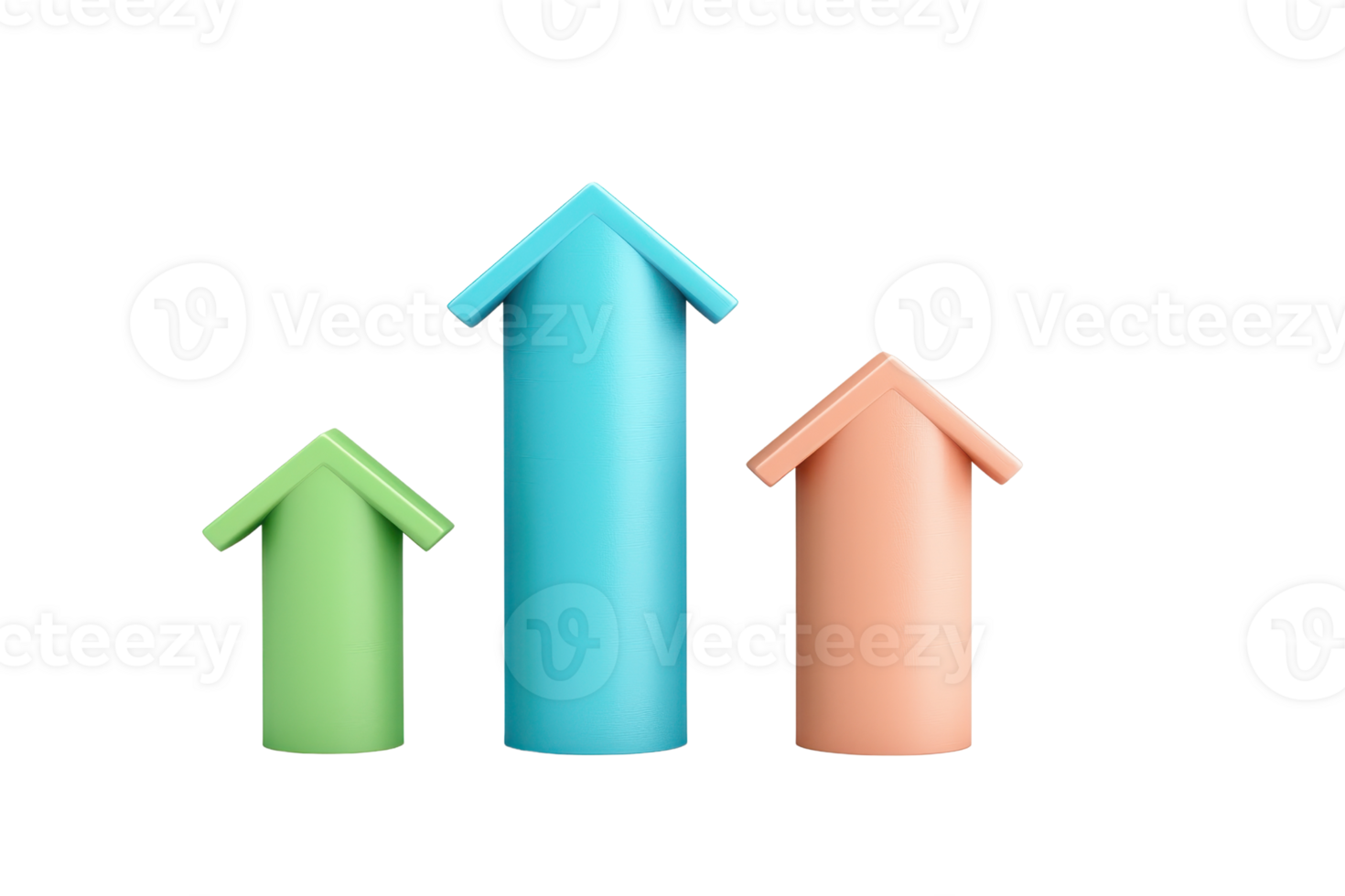 Three upward-pointing house-shaped figures in varying heights, representing growth or progress in a stylized manner. png