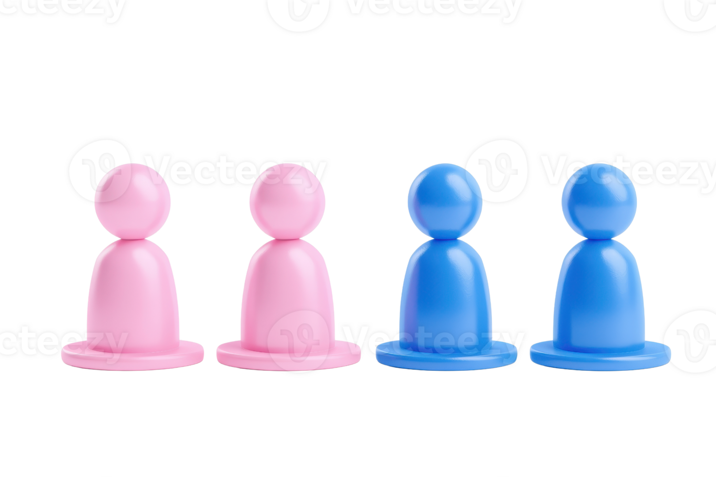 Four colorful game pieces, two pink and two blue, standing upright with round heads and circular bases. png