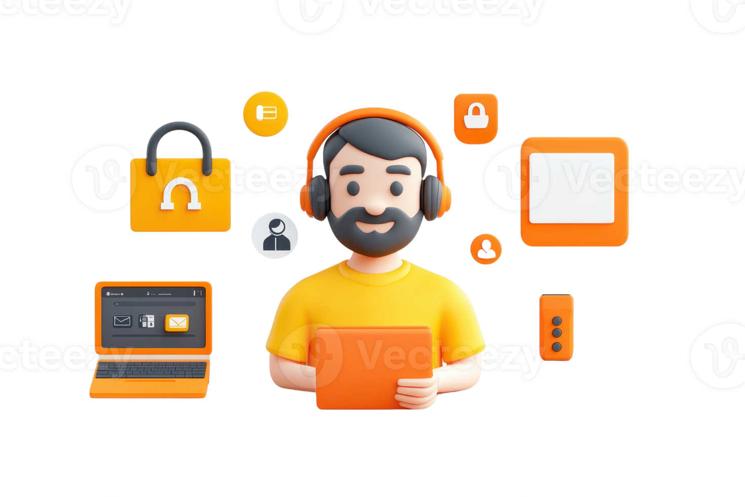 A cheerful man in a yellow shirt holds a tablet, surrounded by various tech-related icons and symbols. png