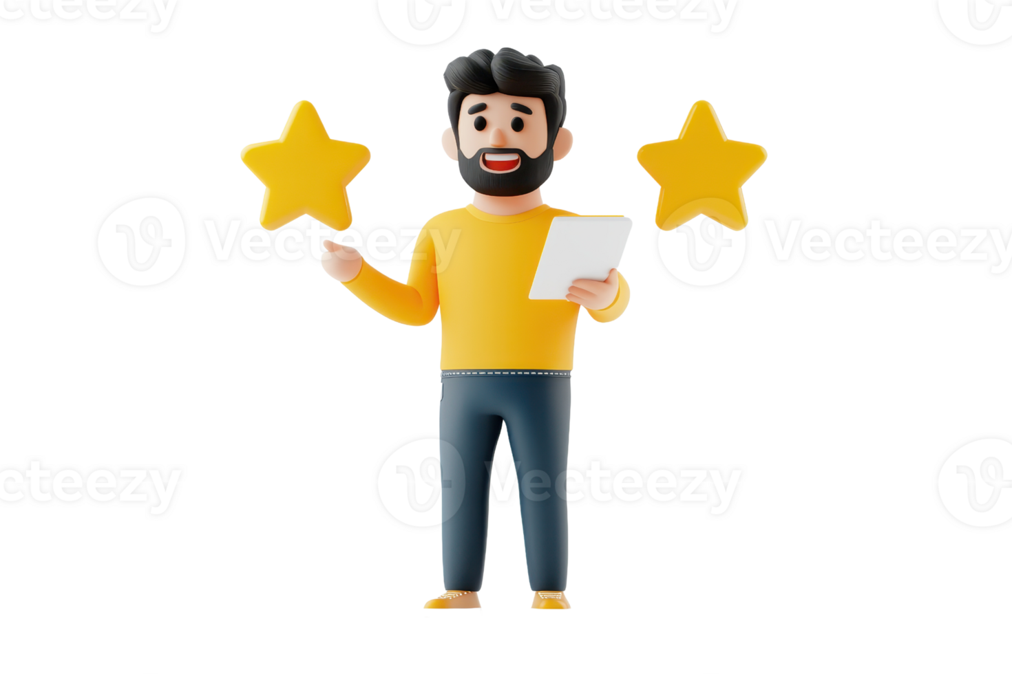 A cheerful character holds a document while gesturing with enthusiasm, flanked by two yellow stars. png