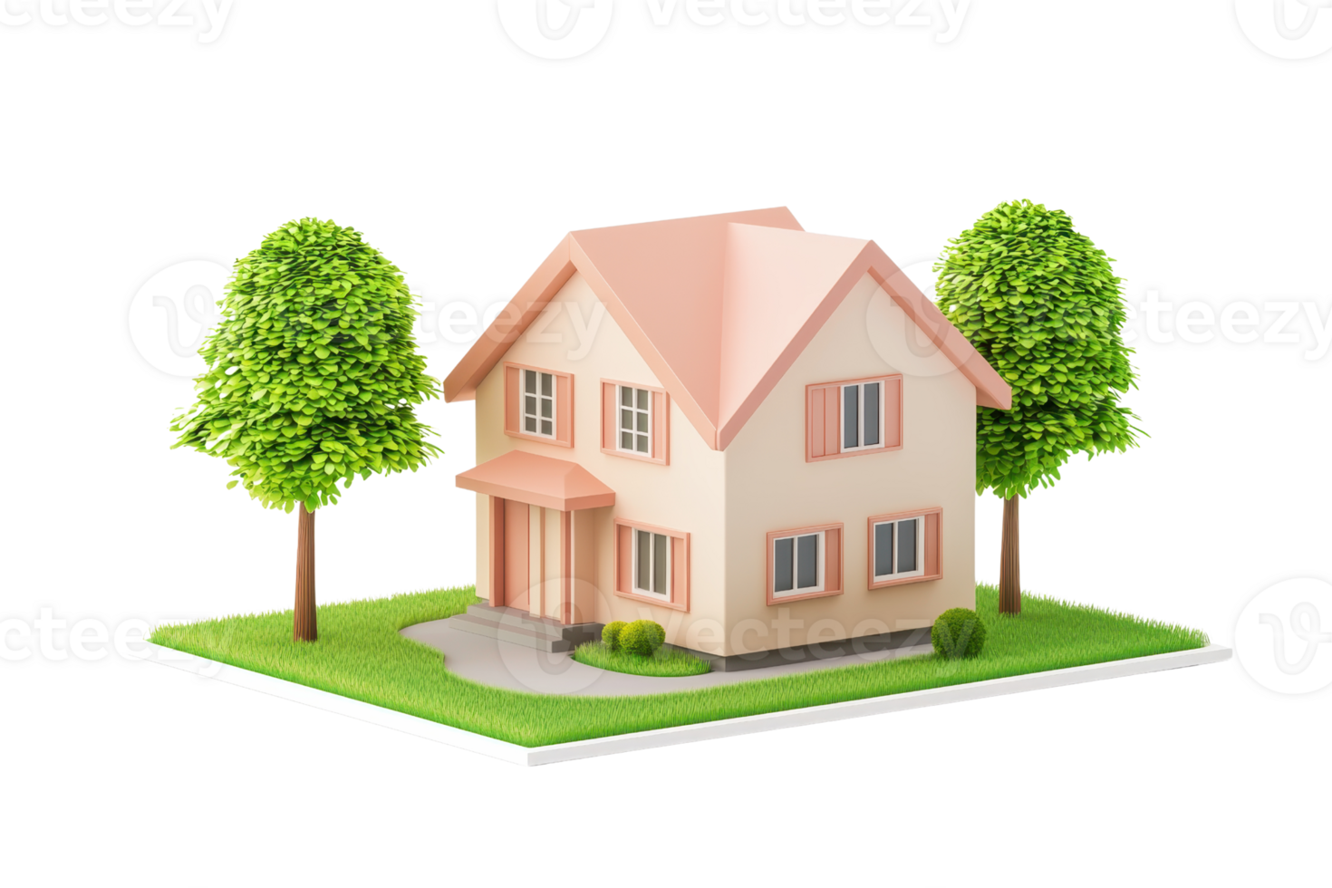 A charming two-story house with a pink exterior, surrounded by lush green trees and a well-manicured lawn. png