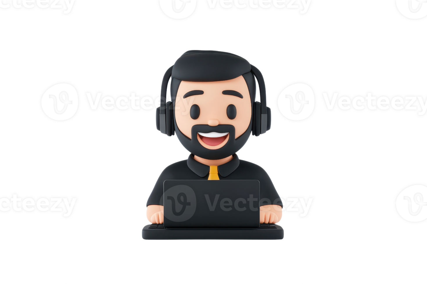 A cheerful character with headphones smiling while working on a laptop. png