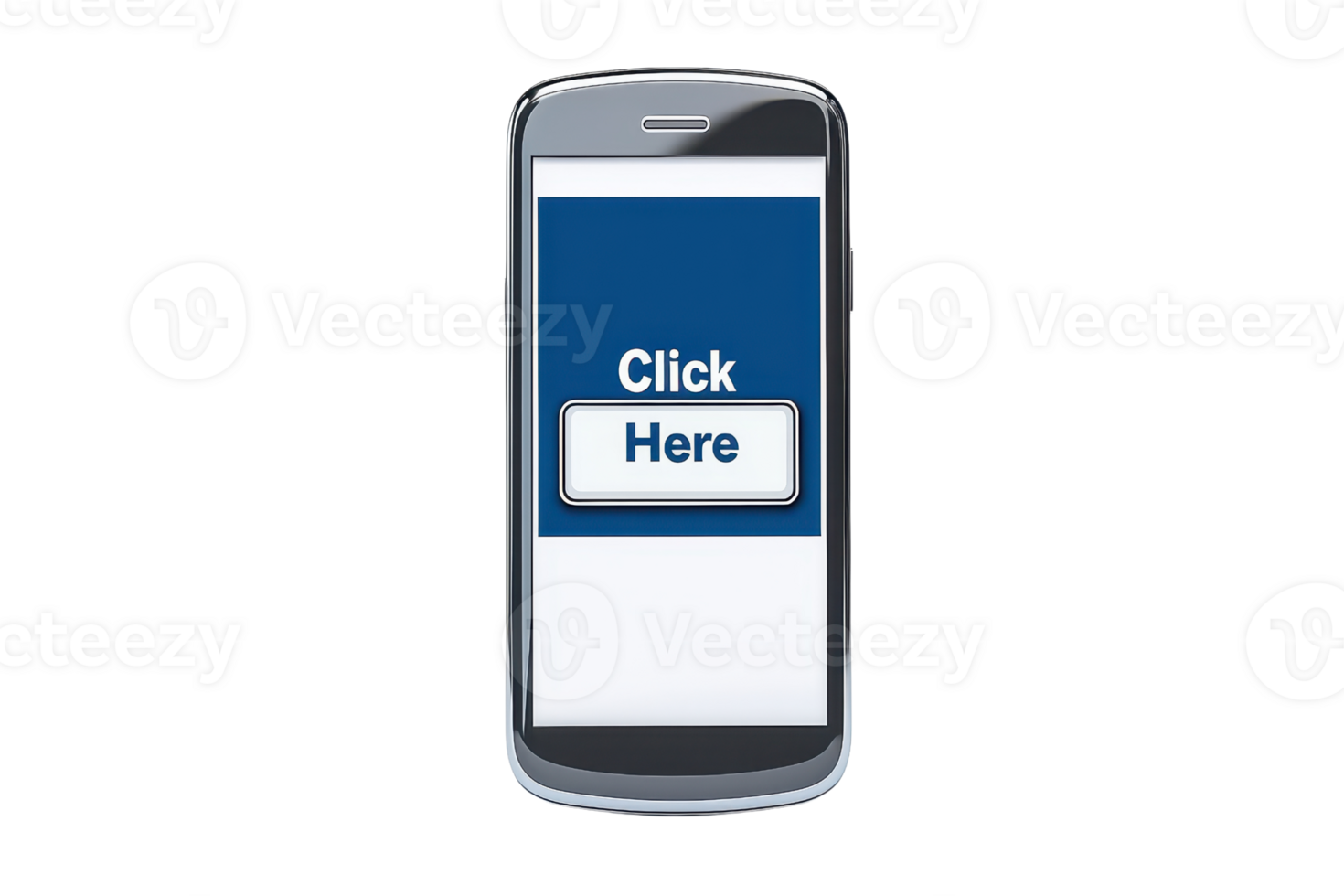 A smartphone displaying a button labeled Click Here on its screen. png