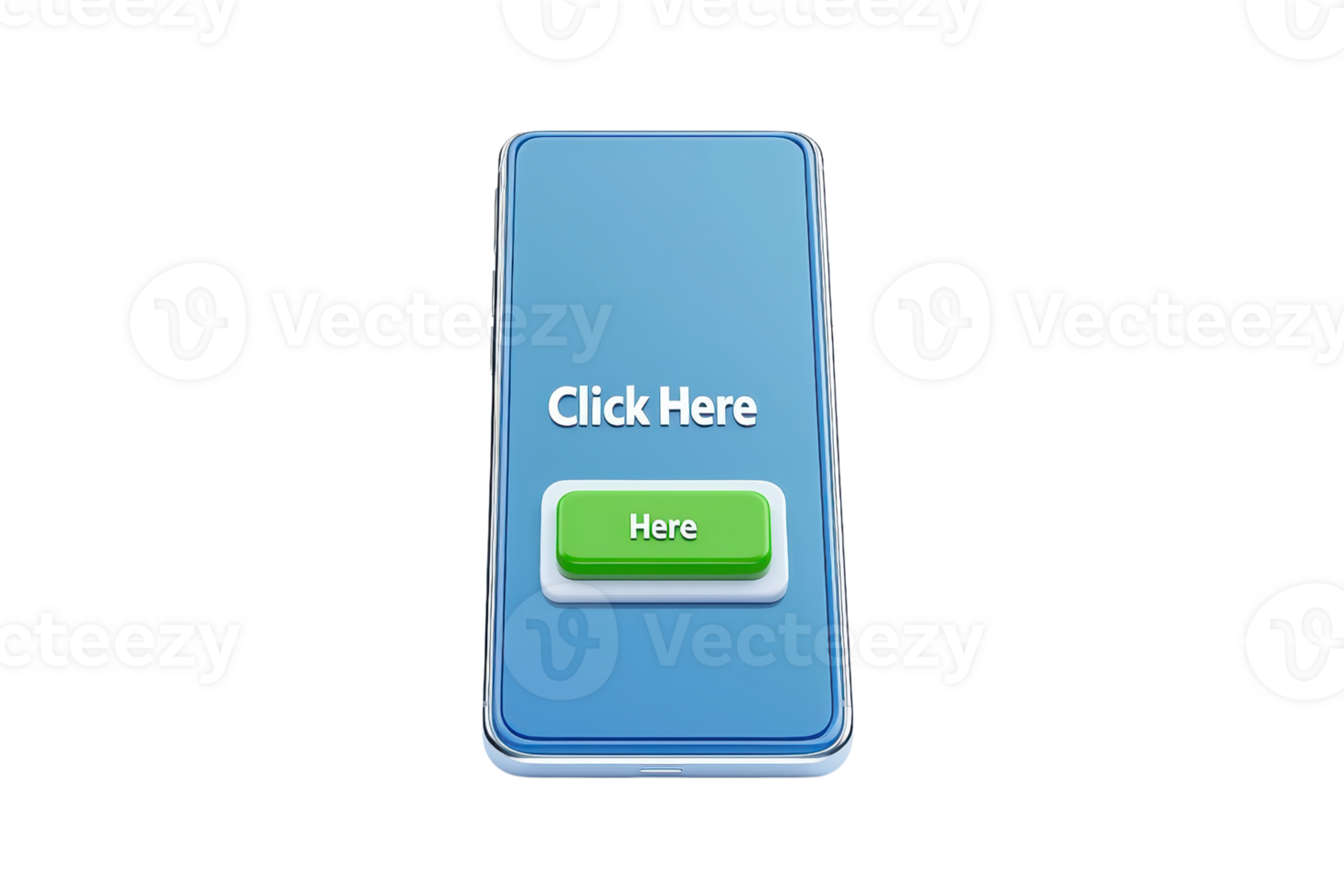 A digital button with a blue background and a green Click Here prompt, inviting user interaction. png