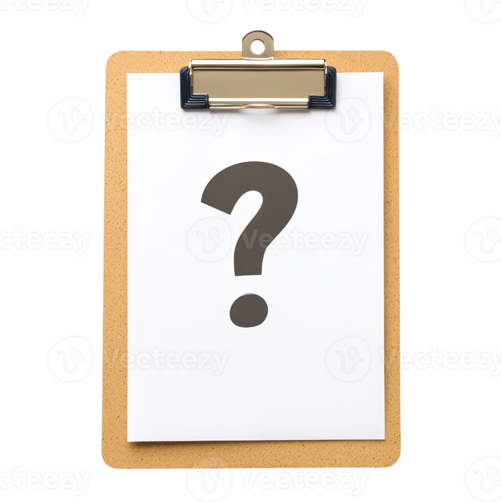 A clipboard displaying a large question mark on white paper, symbolizing inquiry or uncertainty. png