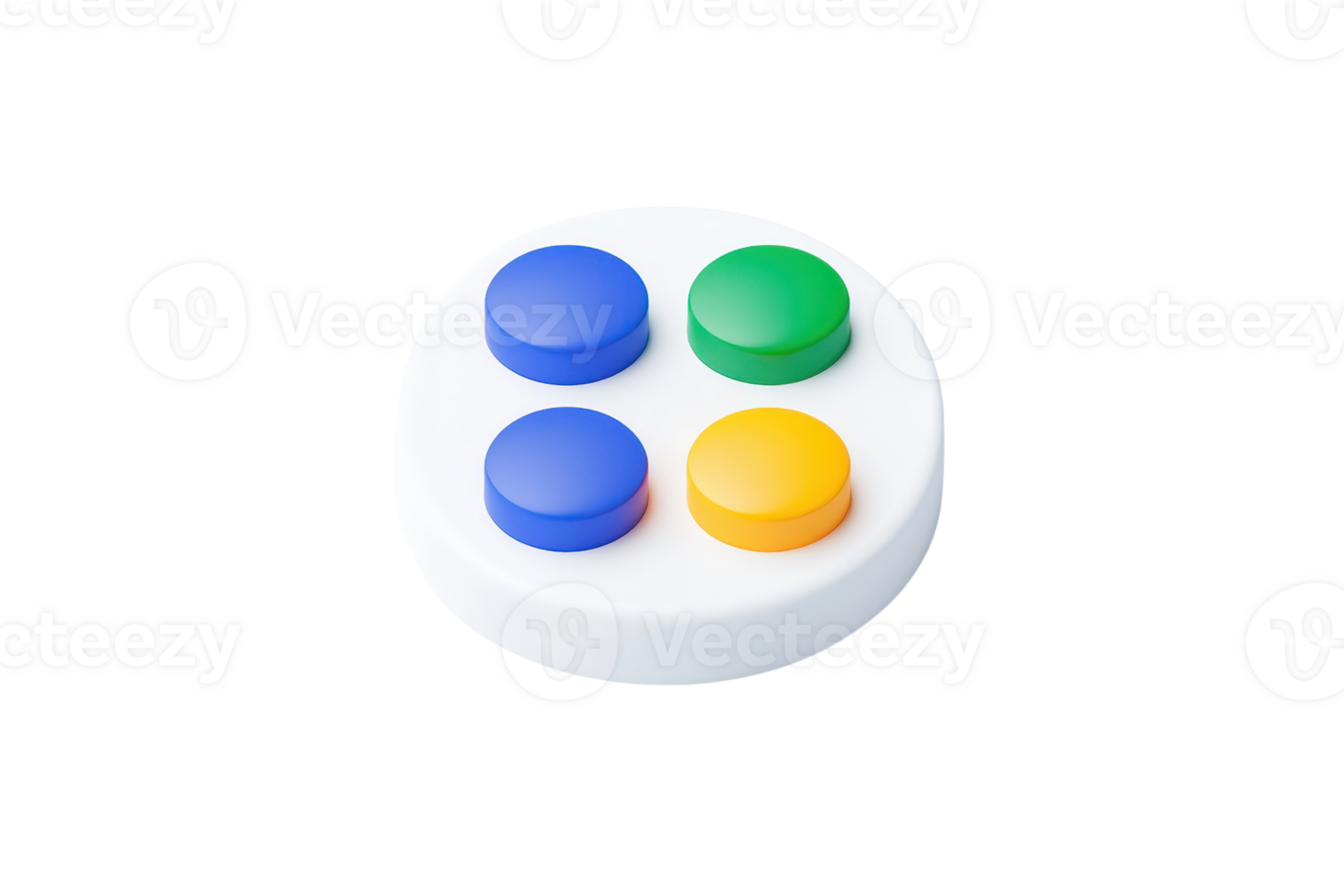 A circular control pad featuring four colored buttons blue, green, yellow, and purple. png