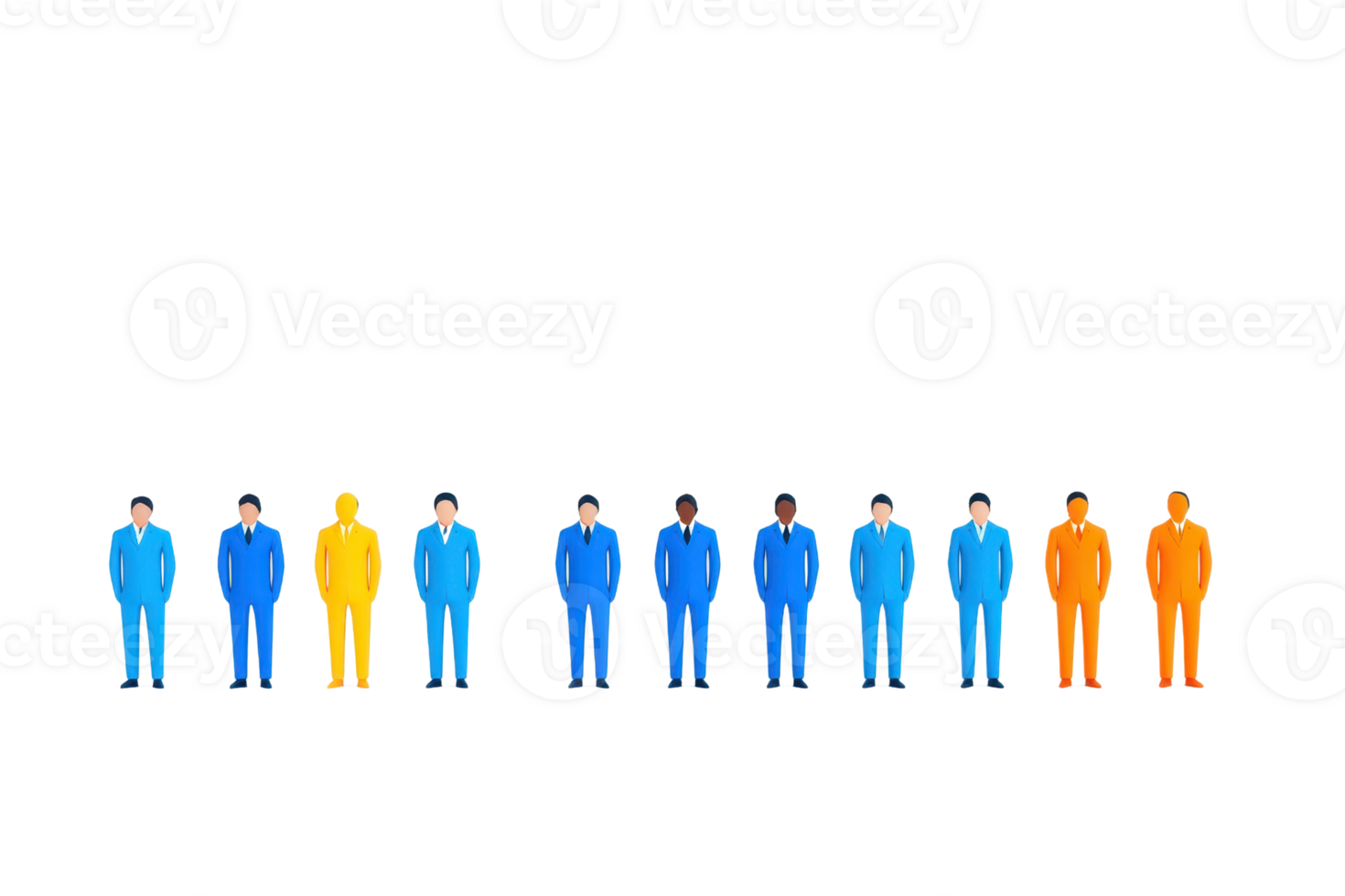 A row of stylized figures dressed in blue, yellow, and orange suits, standing in a lineup. png
