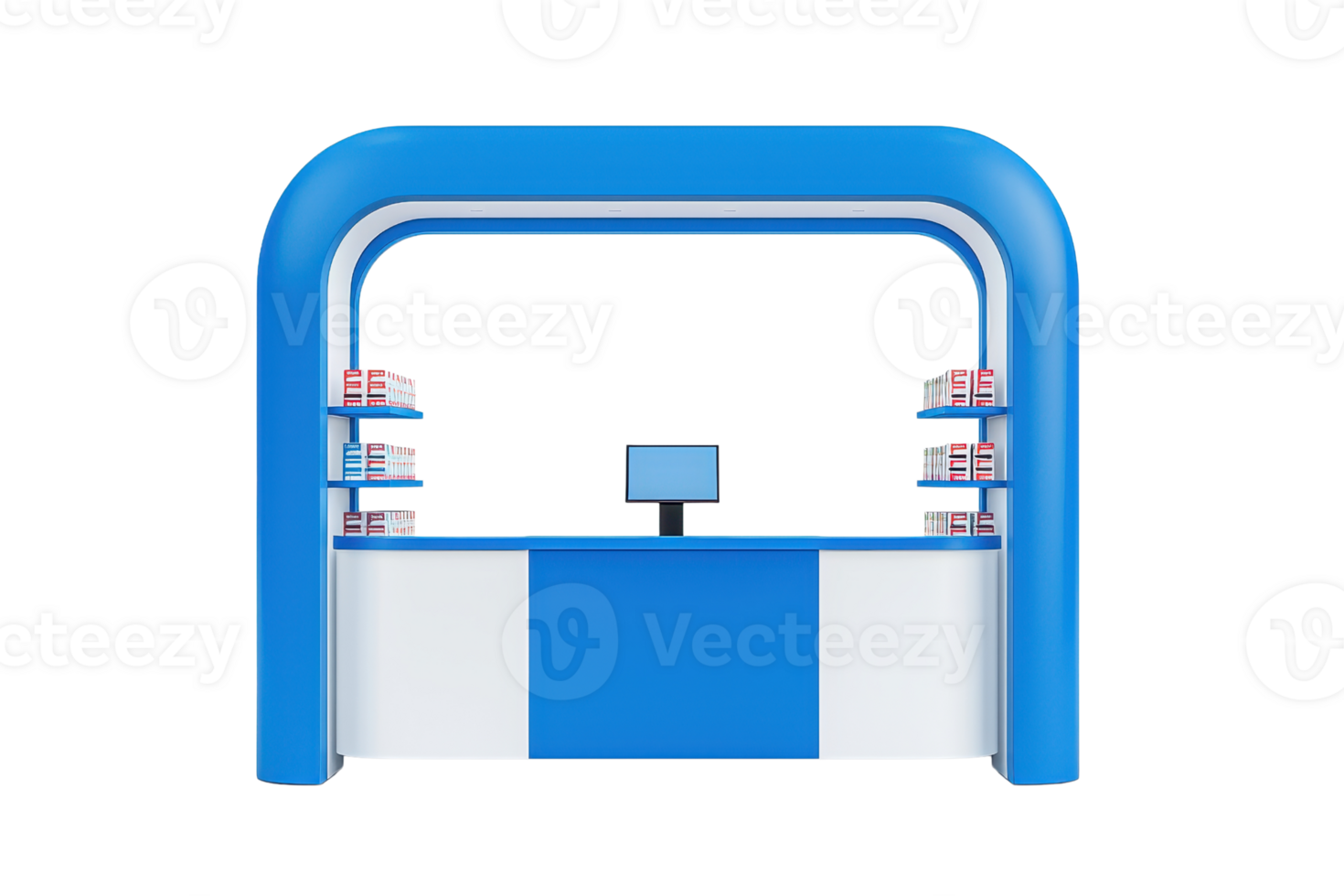 A modern blue and white display counter with shelves for products, featuring a central screen for information or transactions. png