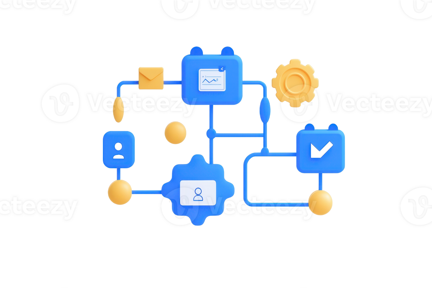 A collection of interconnected icons representing data processing, analysis, and workflow automation. png