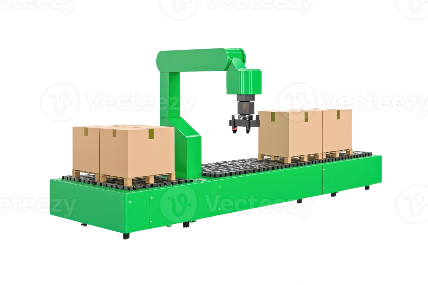 A robotic arm equipped with a gripper, positioned above a conveyor belt carrying several cardboard boxes. png