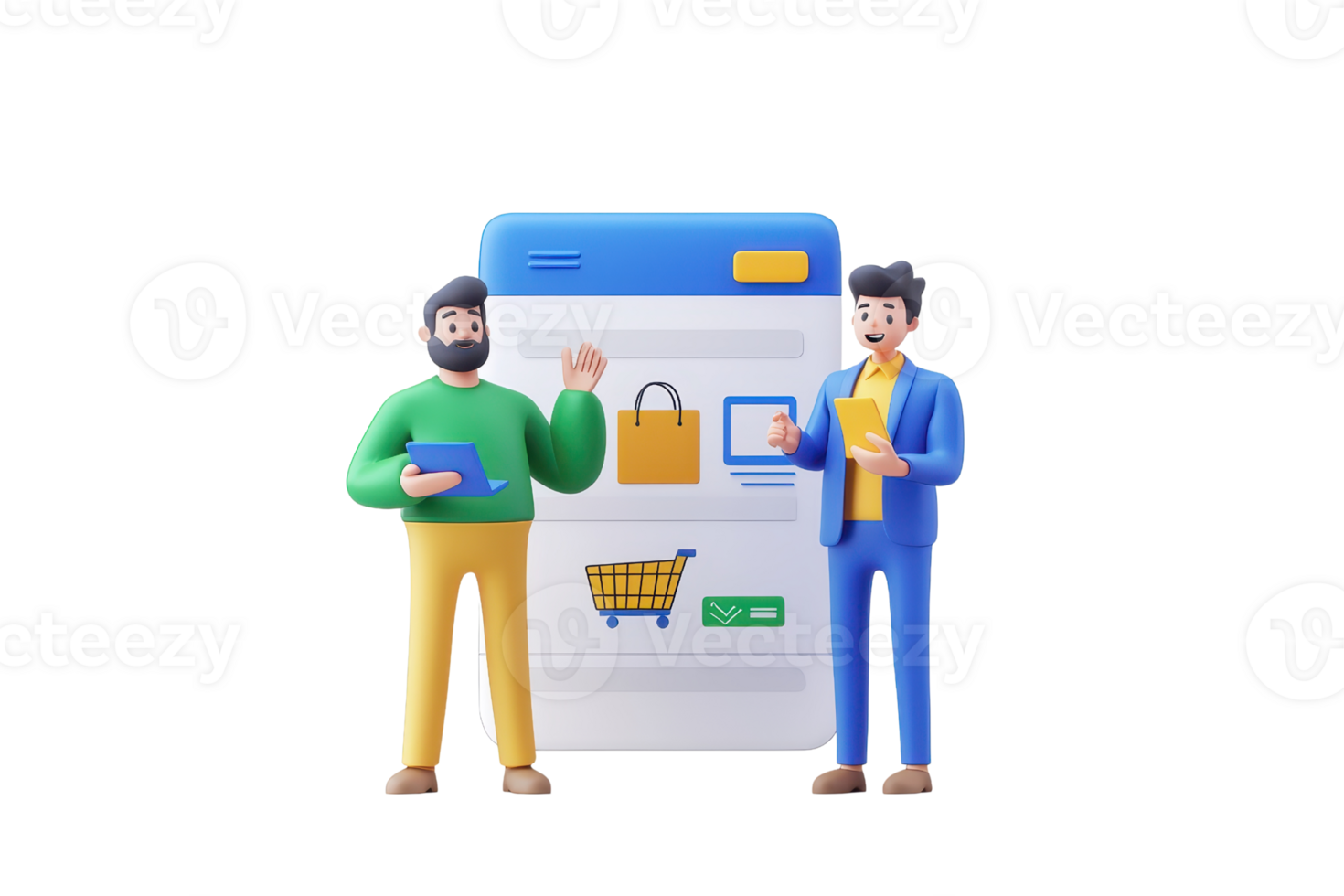 Two stylized characters engage with a shopping interface, showcasing digital commerce and interaction. png