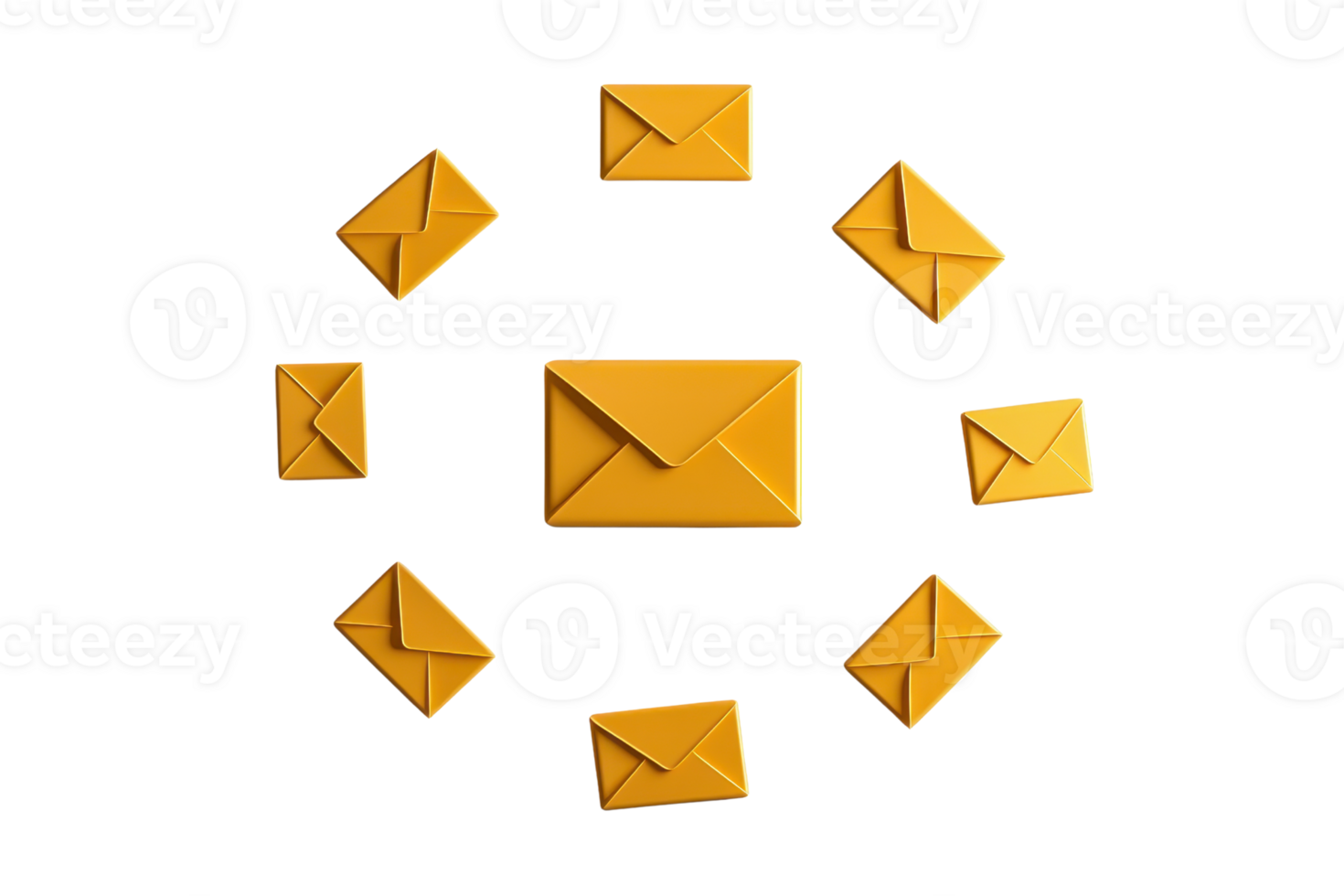 A circular arrangement of yellow envelopes, varying in size, creates a visually appealing composition. png