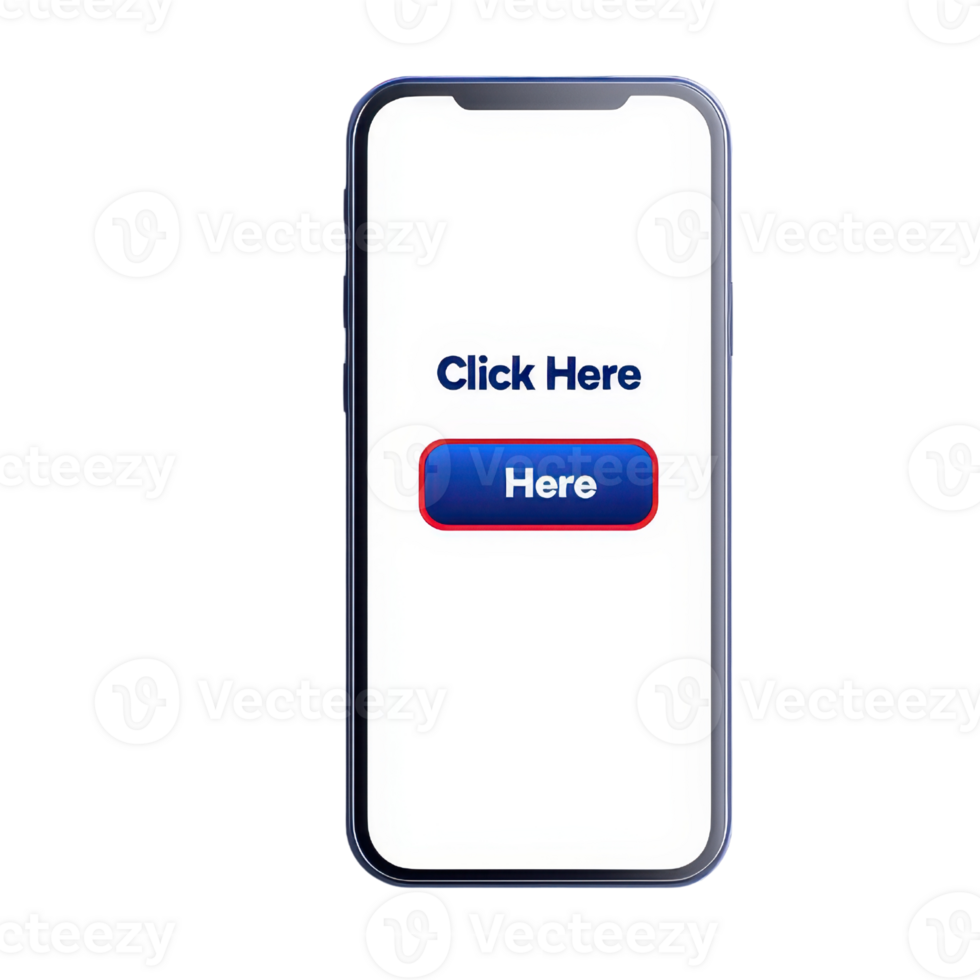 A smartphone displaying a prominent button labeled Click Here in blue and red on a white screen. png