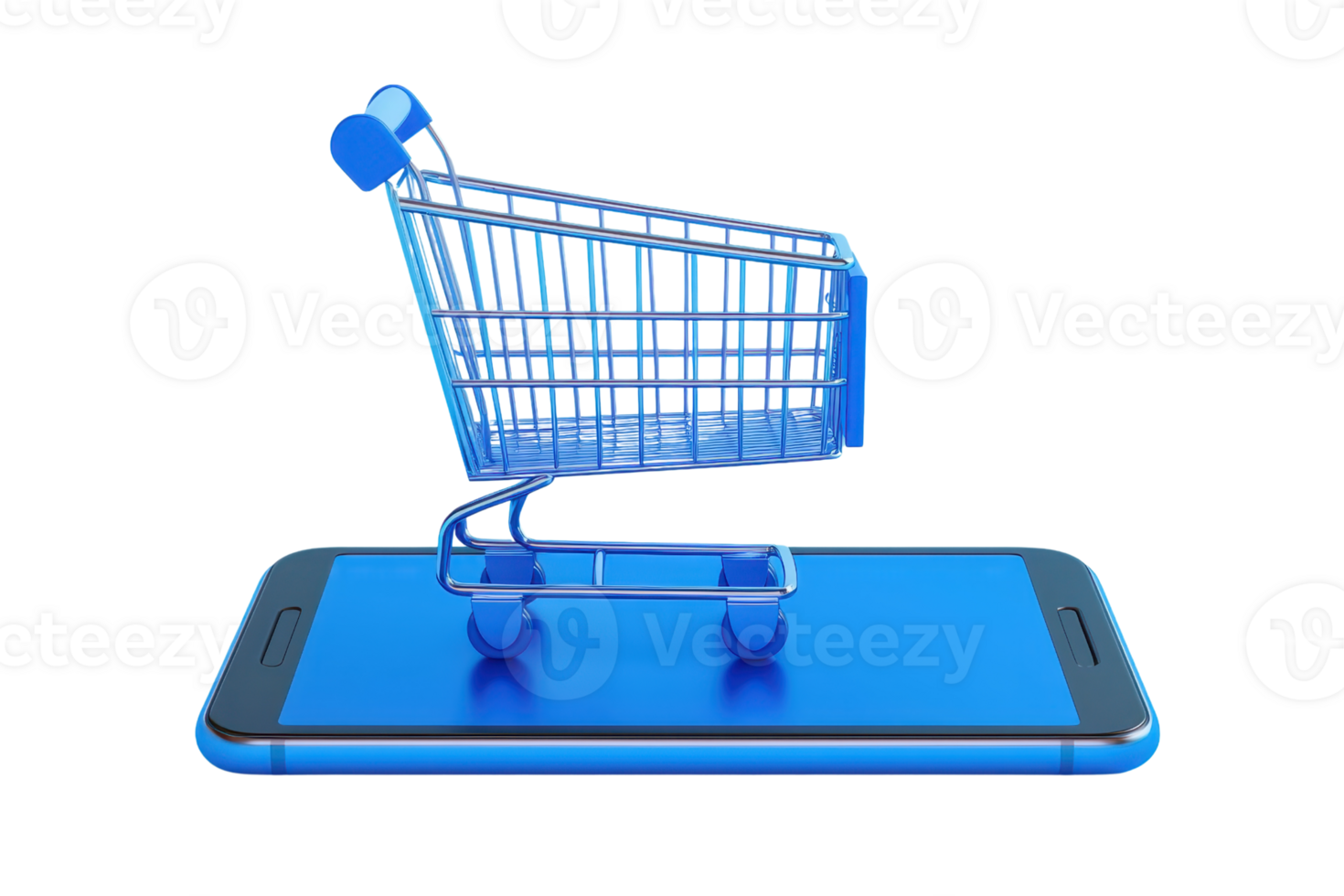 A digital shopping cart sits atop a smartphone, symbolizing online retail and modern consumerism. png