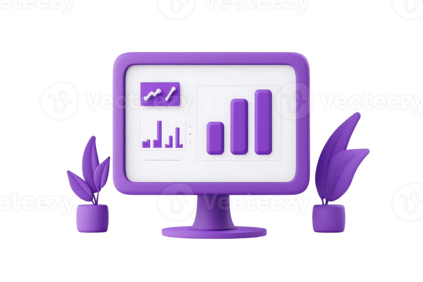 A purple computer monitor displays various graphs and charts, accompanied by decorative plants in pots. png