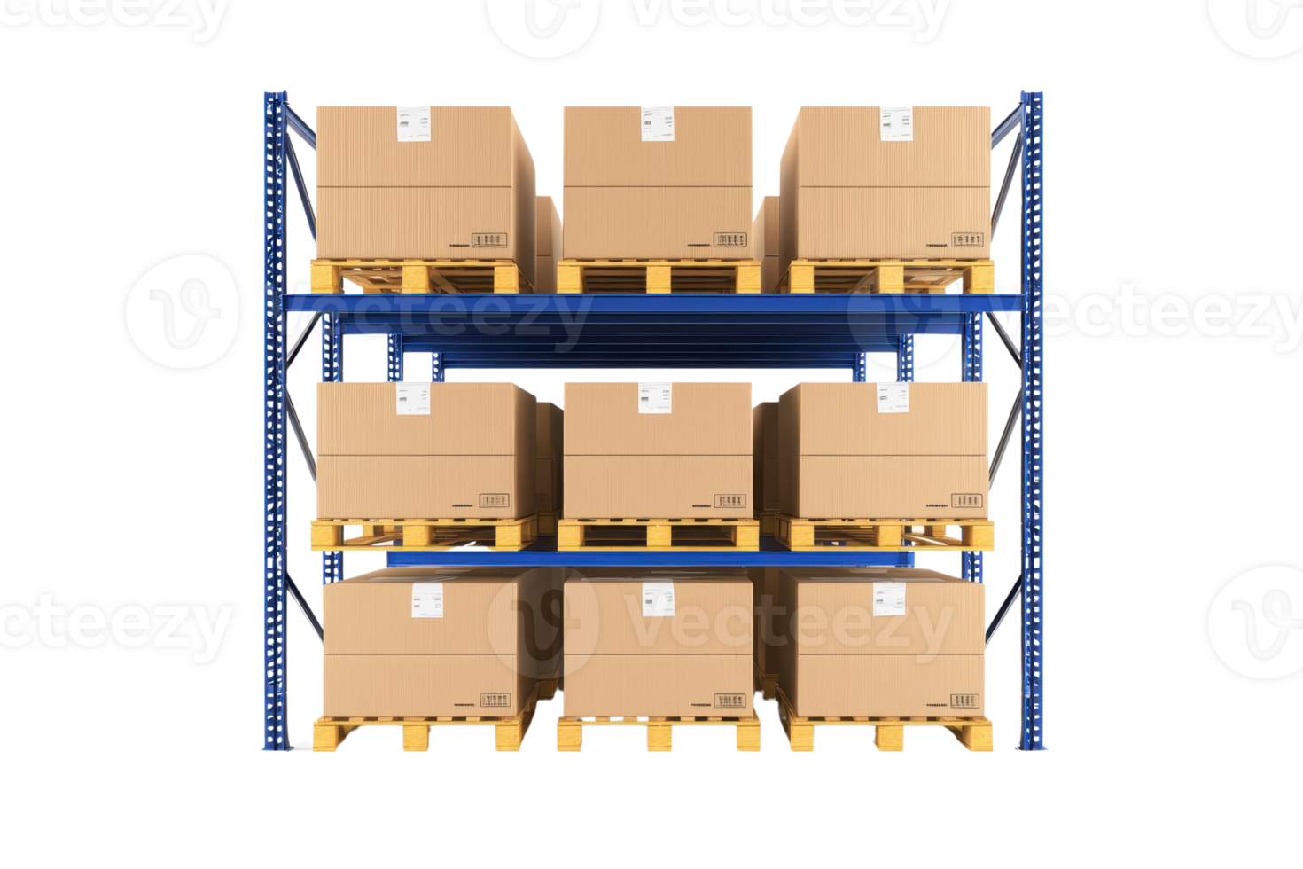 Stacked cardboard boxes on wooden pallets arranged neatly on a metal shelving unit. png