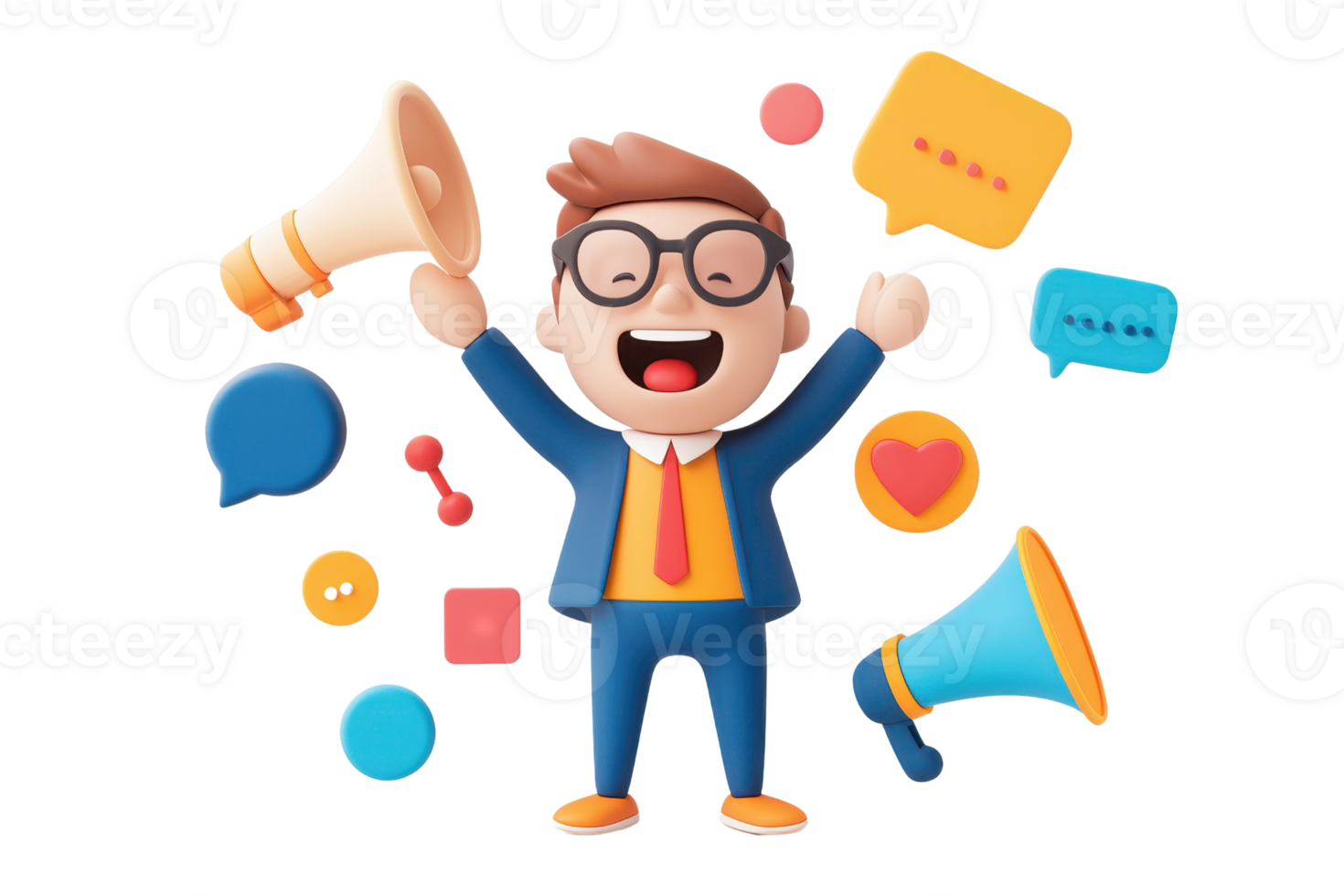 A cheerful character in a suit holds megaphones and colorful speech bubbles, expressing excitement and communication. png