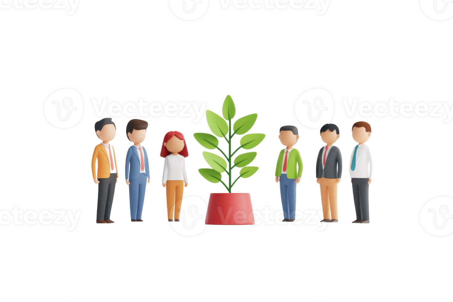 A group of diverse individuals stands around a potted plant, symbolizing teamwork and growth. png