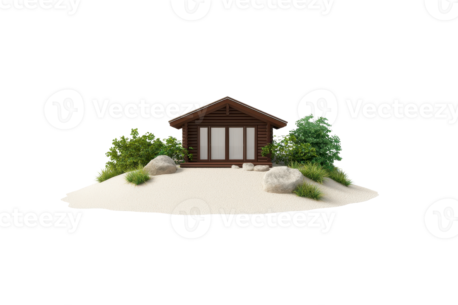 A wooden cabin surrounded by greenery and rocks on a sandy surface. png