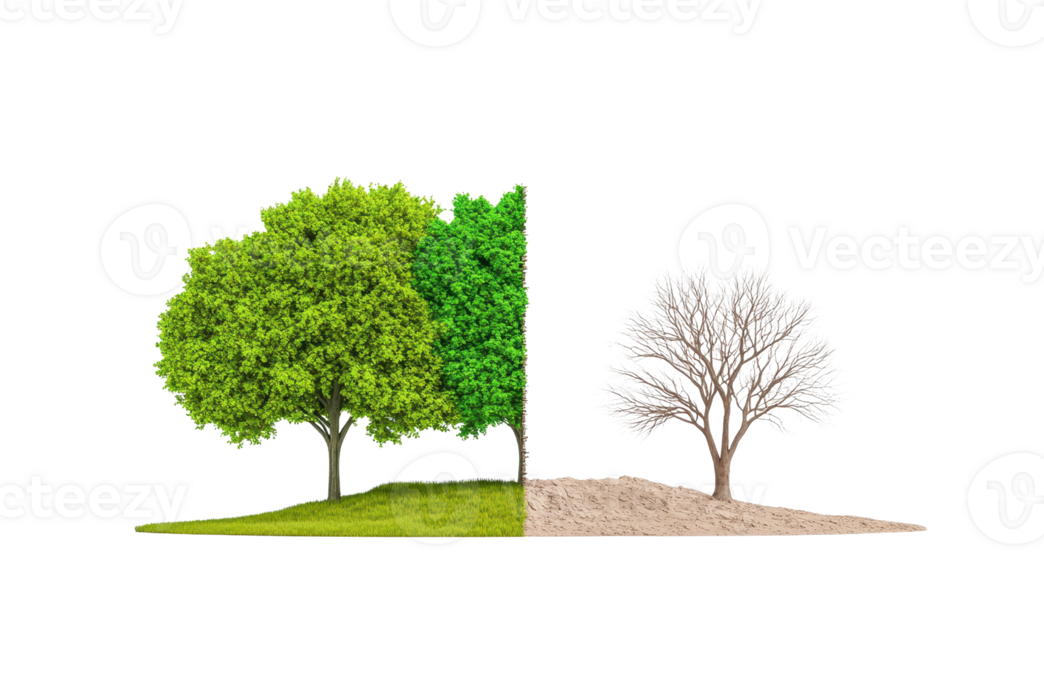 A vivid contrast between a lush green tree and a barren, leafless tree, symbolizing life and decay. png