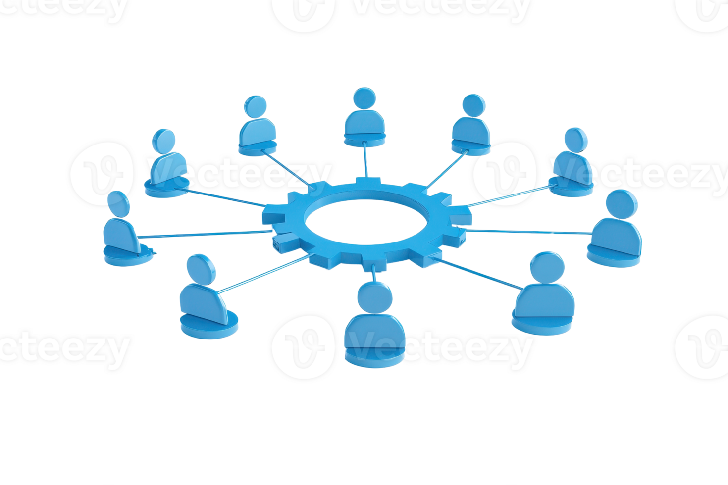 A blue gear surrounded by multiple blue human figures connected by lines, symbolizing collaboration and teamwork. png