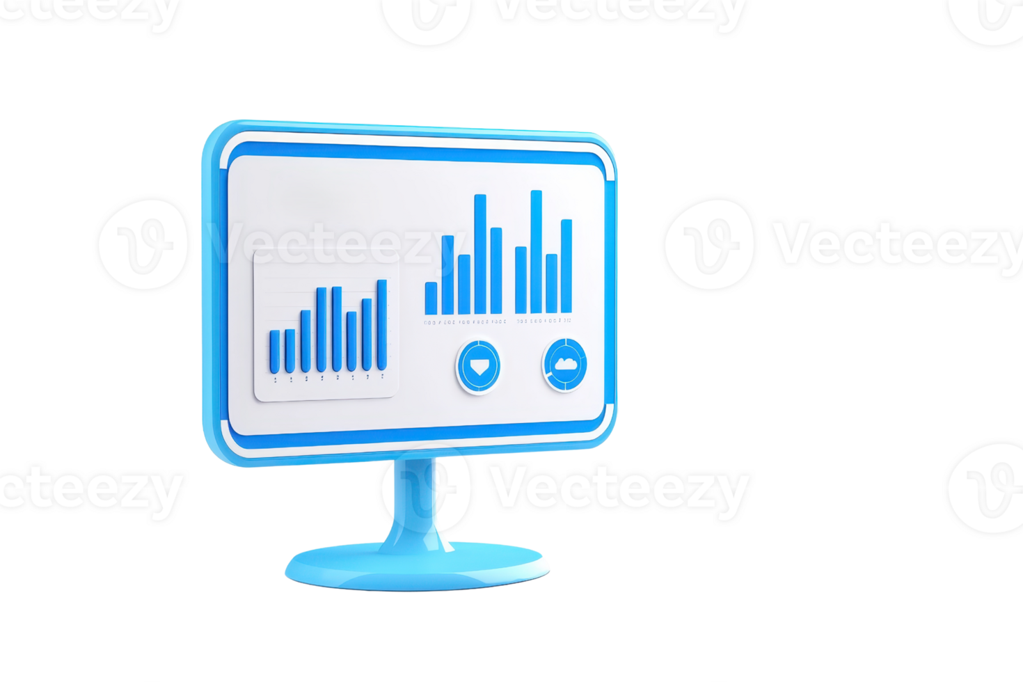A colorful computer monitor displaying bar graphs and icons, symbolizing data analytics and performance metrics. png
