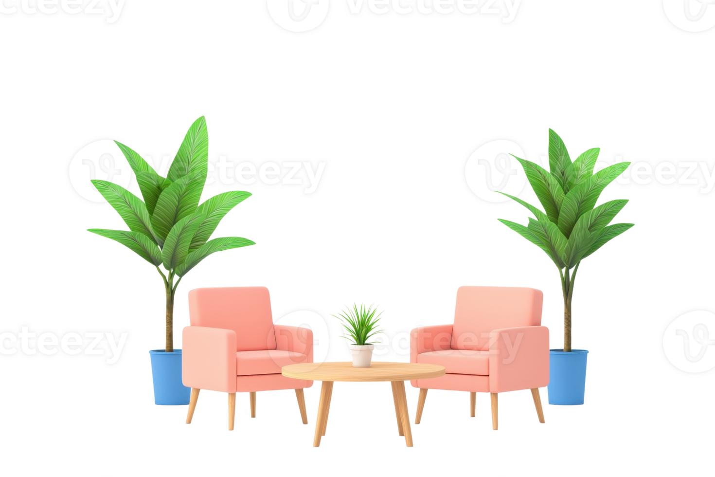 Two pink armchairs flank a wooden table, accompanied by green potted plants, creating a cozy seating arrangement. png
